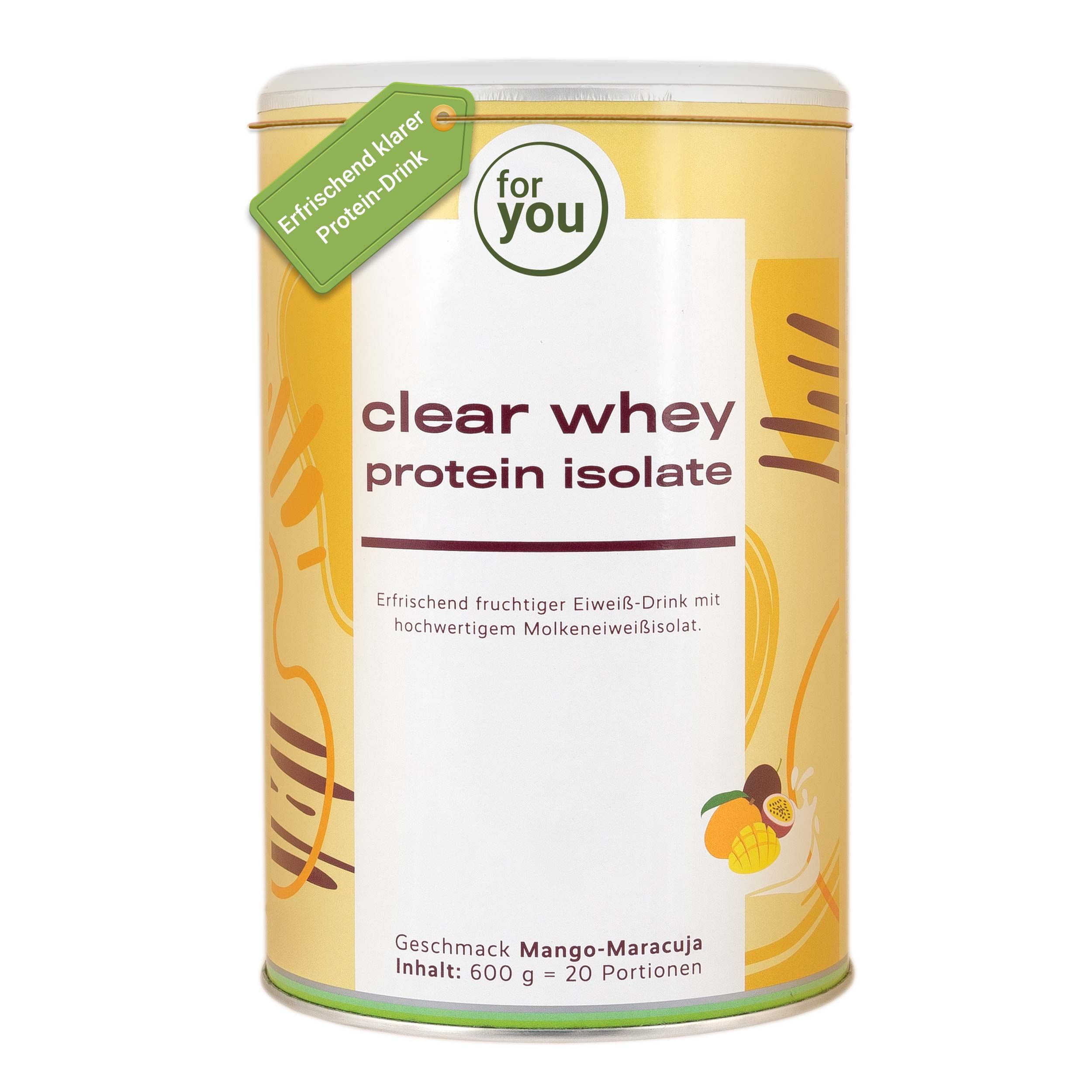 Gelbe Dose mit 'clear whey protein isolate' Aufschrift, Geschmack Mango-Maracuja, 600g.