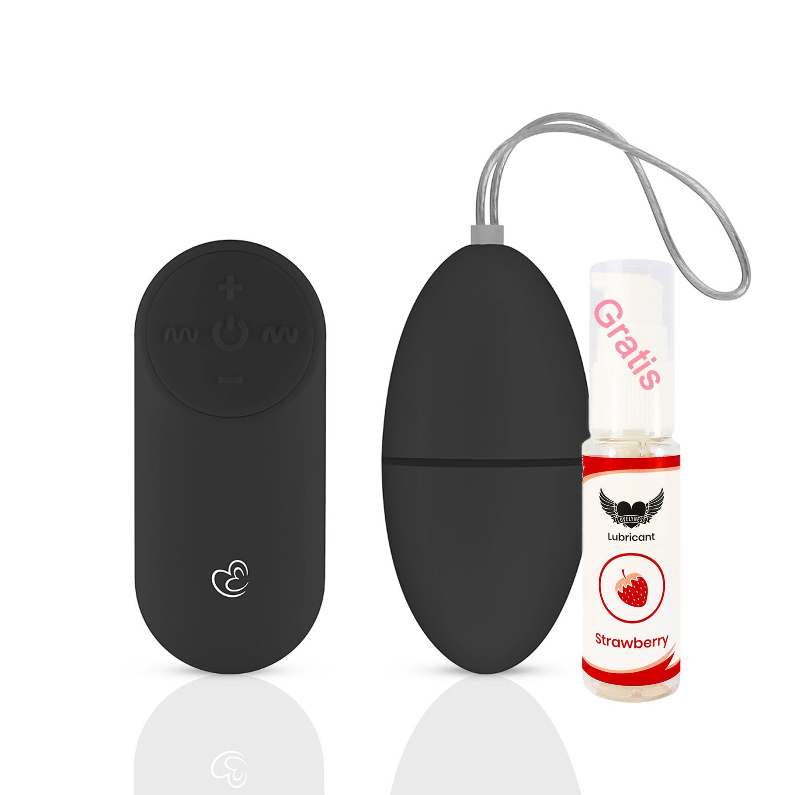 Schwarzer Ei-Vibrator mit Fernbedienung und Gleitmittel. Das Gleitmittel hat einen Erdbeergeschmack.
