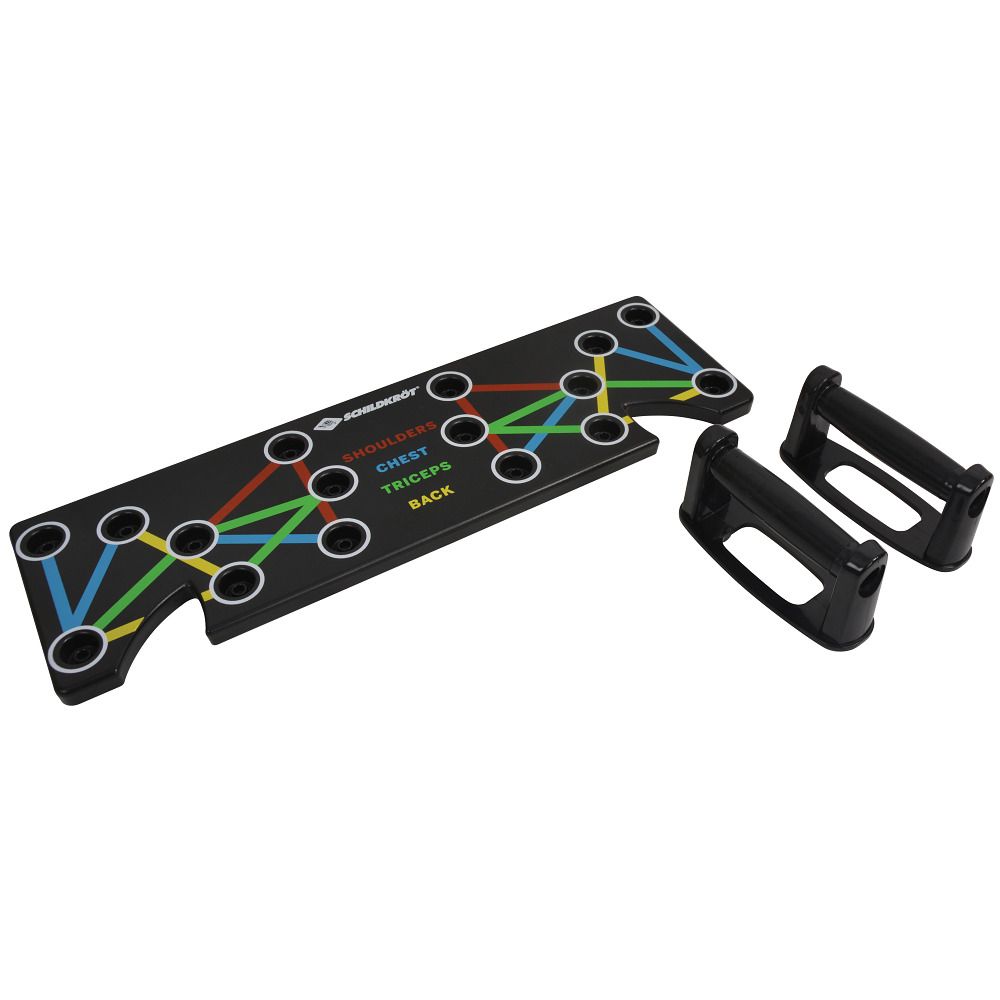 Schwarzes Push-Up-Board mit zwei Griffen, die in die Seiten gesteckt sind. Farbige Linien zeigen Muskelgruppen.
