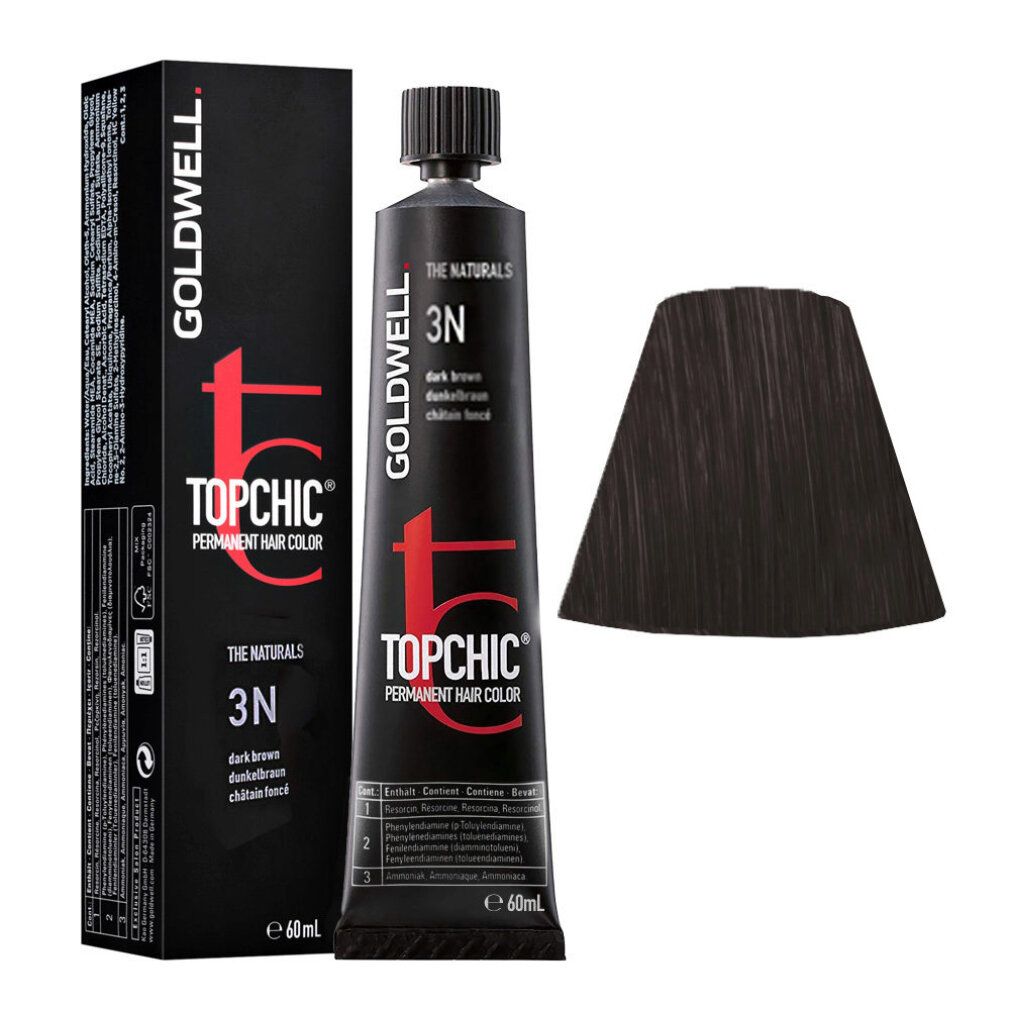 Goldwell Topchic-Haarfarben-Packung und Tube 3N Dunkelbraun. Farbmuster daneben.