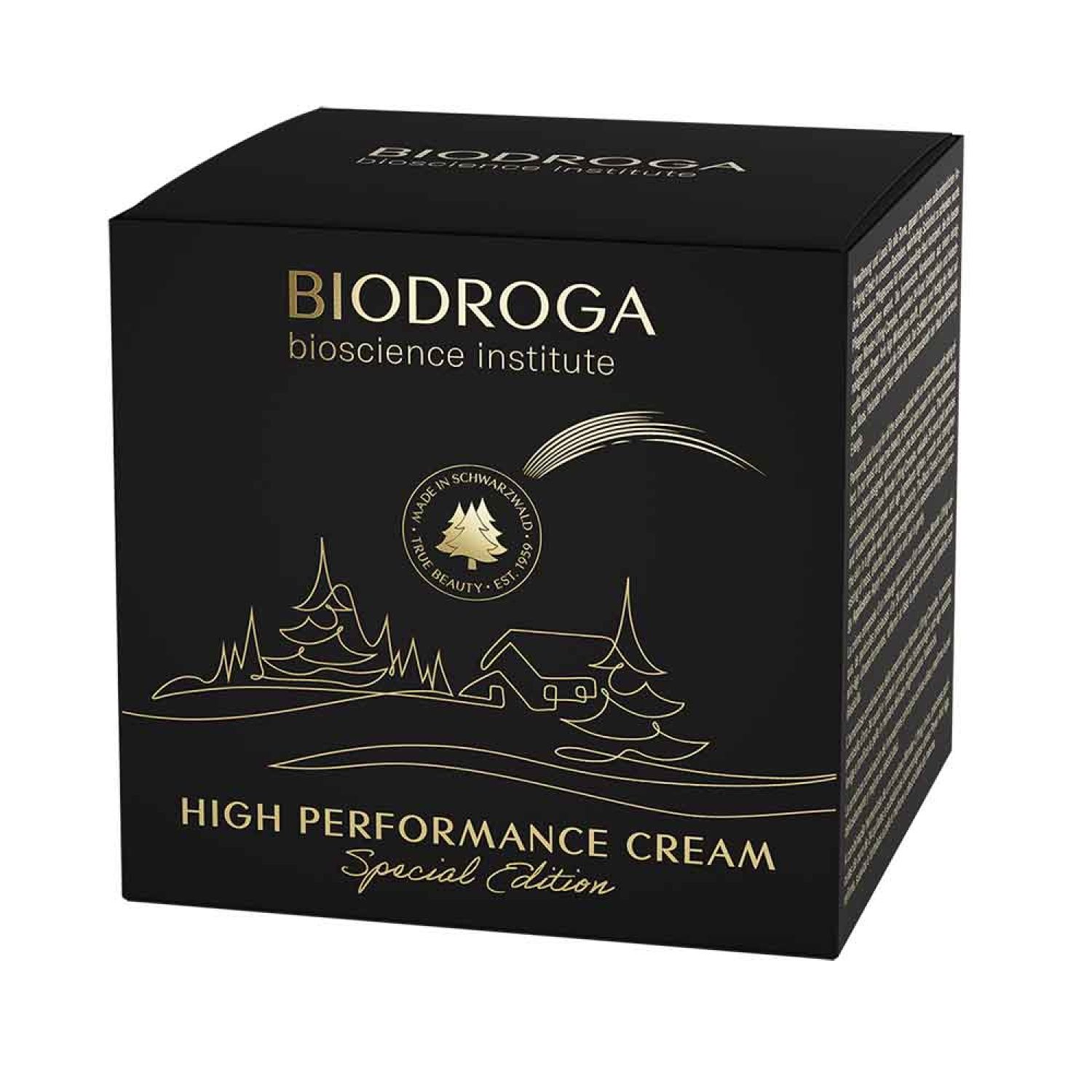Schwarze Verpackung mit goldfarbenem Logo und Schriftzug. "BIODROGA" und "HIGH PERFORMANCE CREAM Special Edition" sind sichtbar.