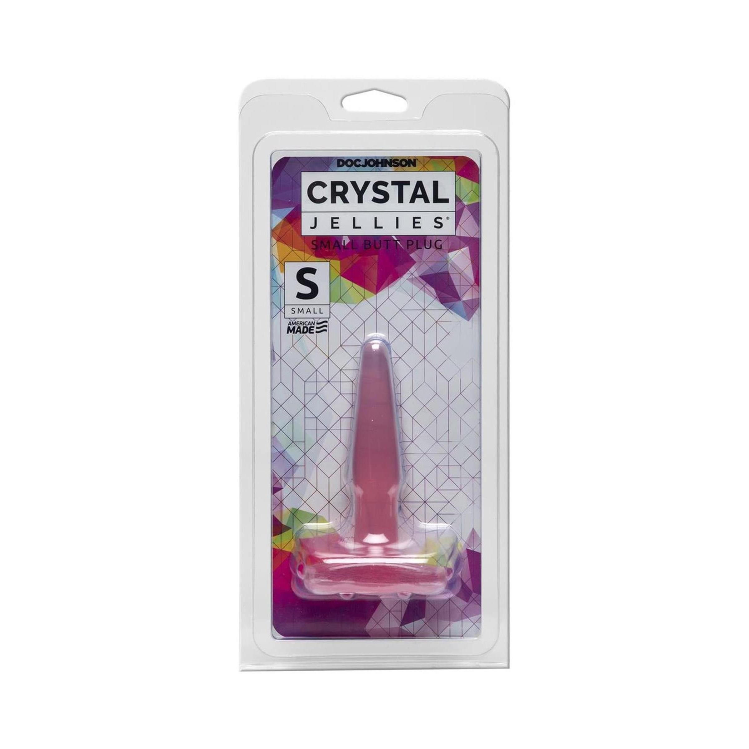 Rosa Butt Plug in Blisterverpackung. Marke Doc Johnson. Aufschrift: Crystal Jellies, Small. Made in USA.