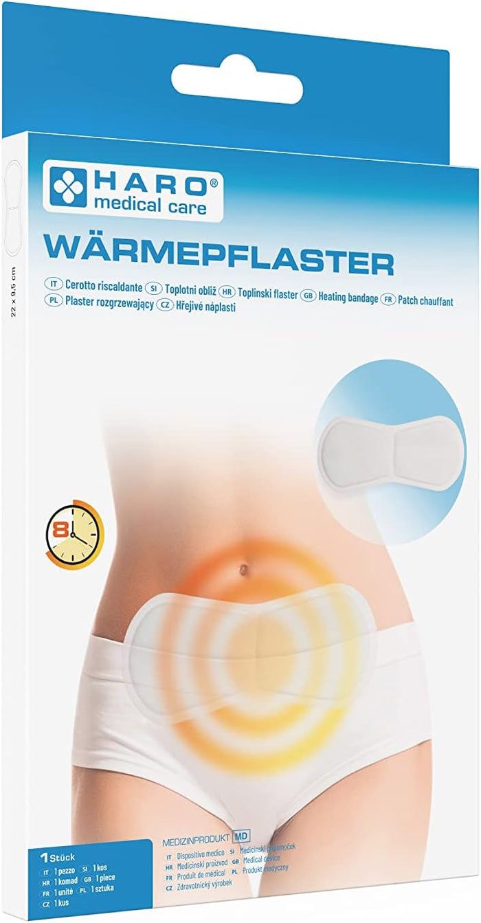 Verpakking met warmtepleister. Opschrift: Haro medical care, Wärmepflaster. Illustratie: pleister op buik, warmtesymbool. Tekst: 8 uur.