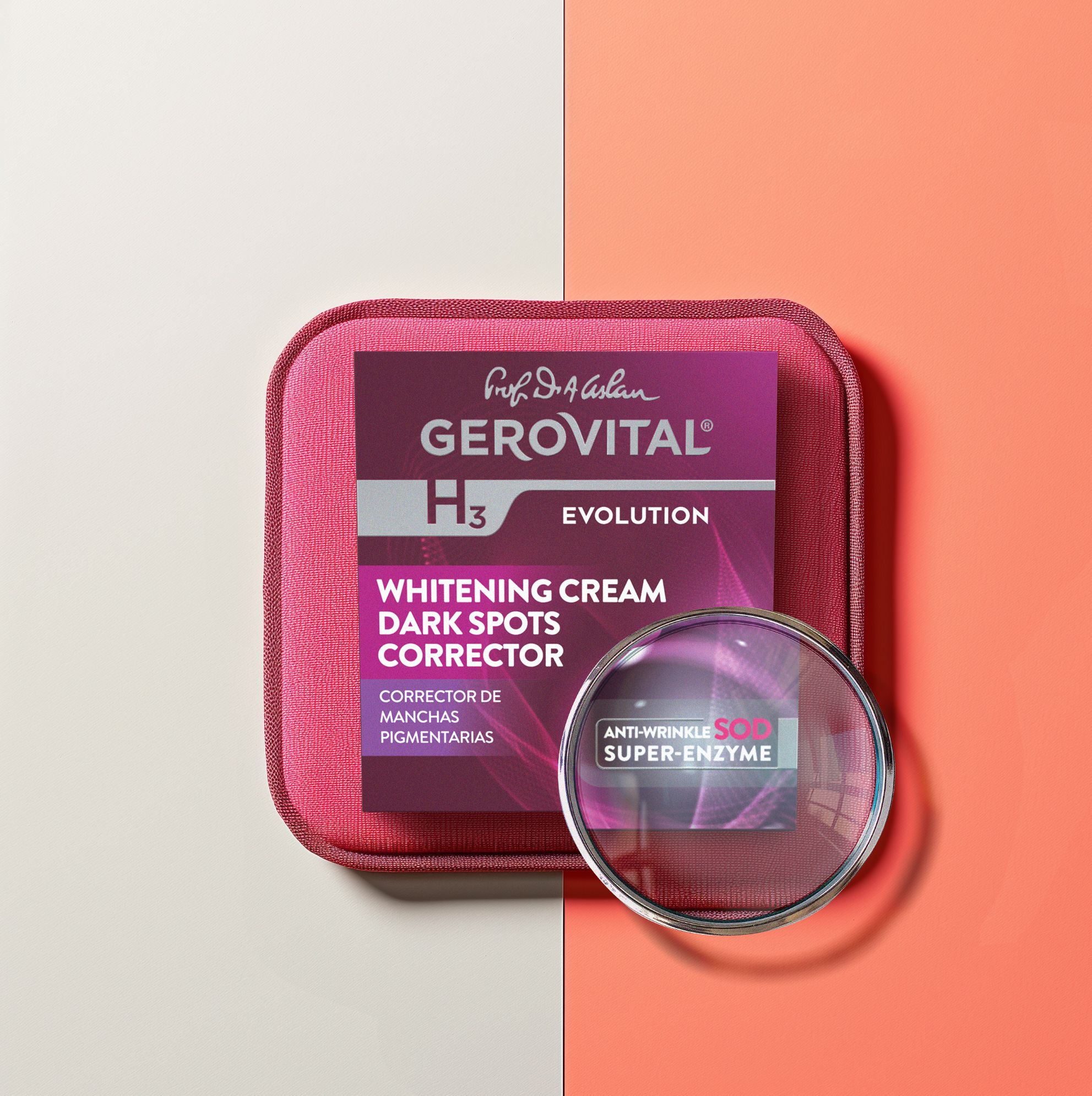 Schachtel und Lupe. Aufschrift: Gerovital H3 Evolution, Corrector Pete Pigmentare, Whitening Cream, Dark Spots Corrector, Anti-Wrinkle Super-Enzyme.