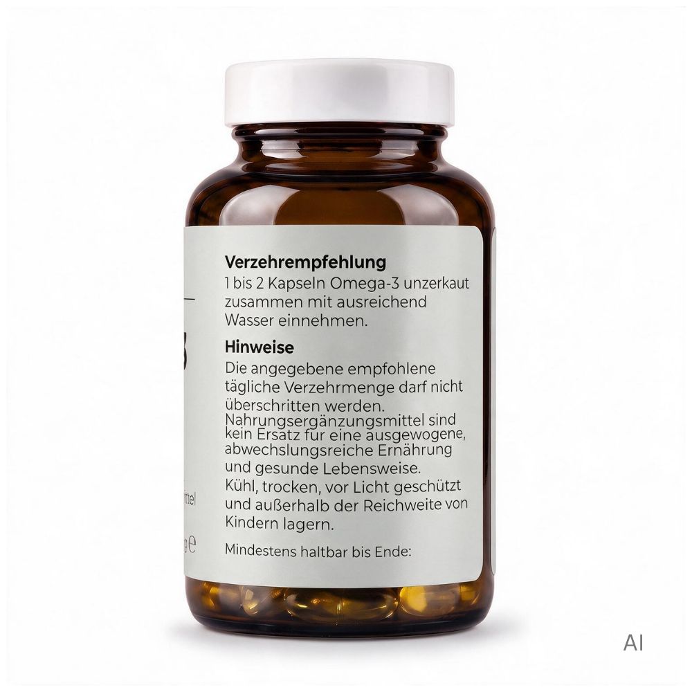 Braunglasflasche mit weißem Deckel, Rückseite mit Verzehrempfehlung und Hinweisen.