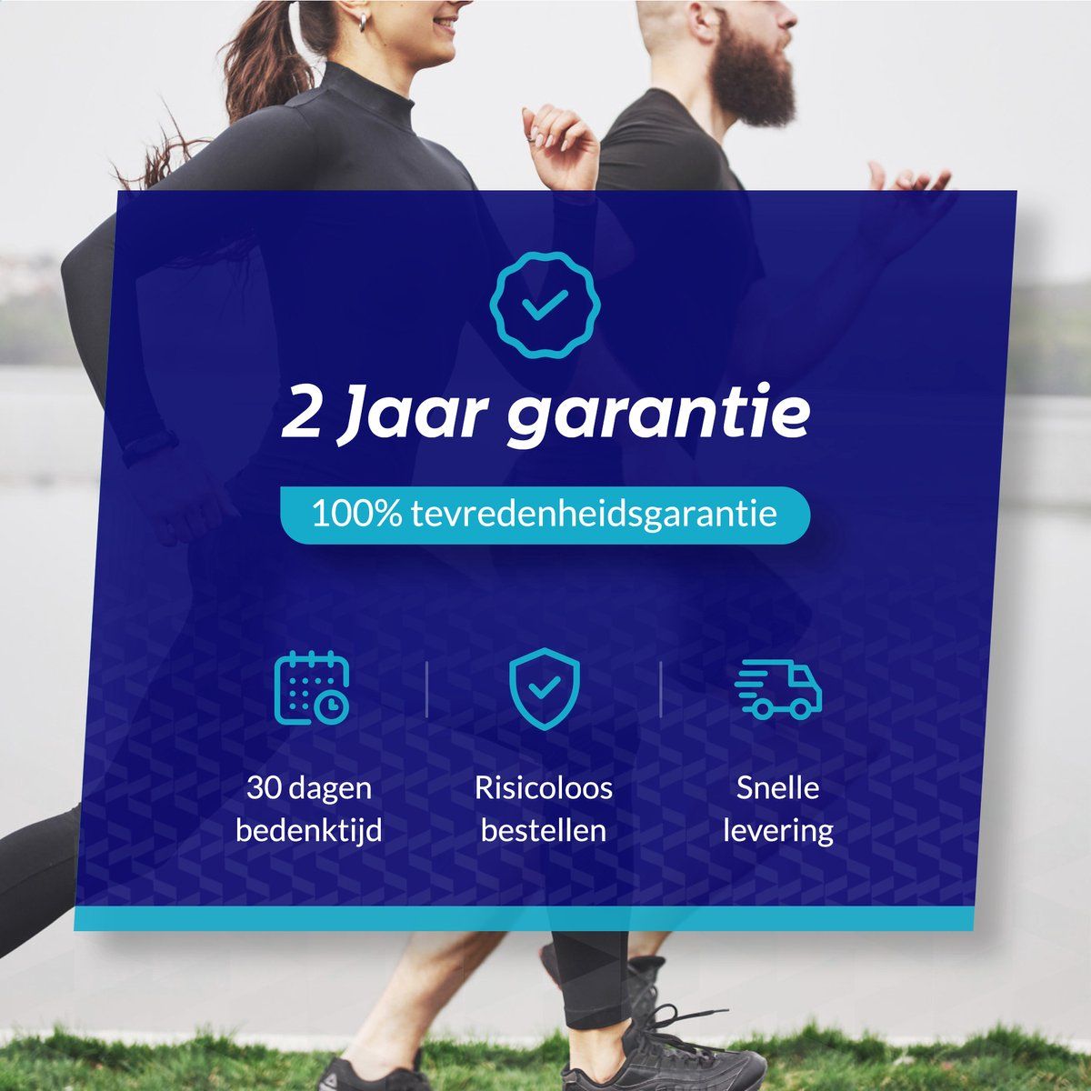 Blauer Hintergrund mit Text: 2 Jahre Garantie, 100% Zufriedenheitsgarantie. Symbole für 30 Tage Bedenkzeit, risikofreie Bestellung, schnelle Lieferung.