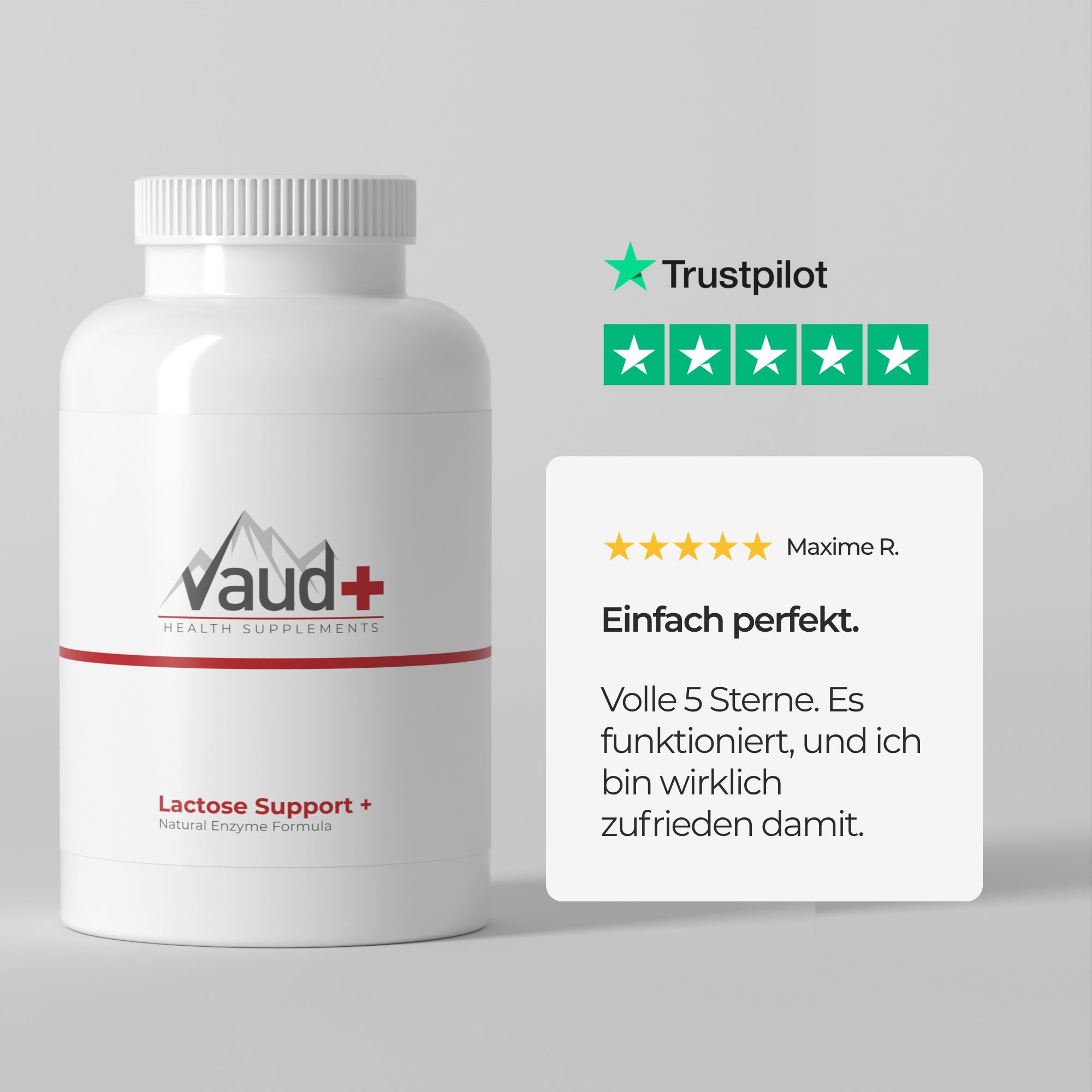 Weiße Flasche mit Schraubverschluss. Trustpilot-Bewertung mit 5 Sternen. Text: Einfach perfekt. VAUD+ HEALTH SUPPLEMENTS. Lactose Support + Natural Enzyme Formula.