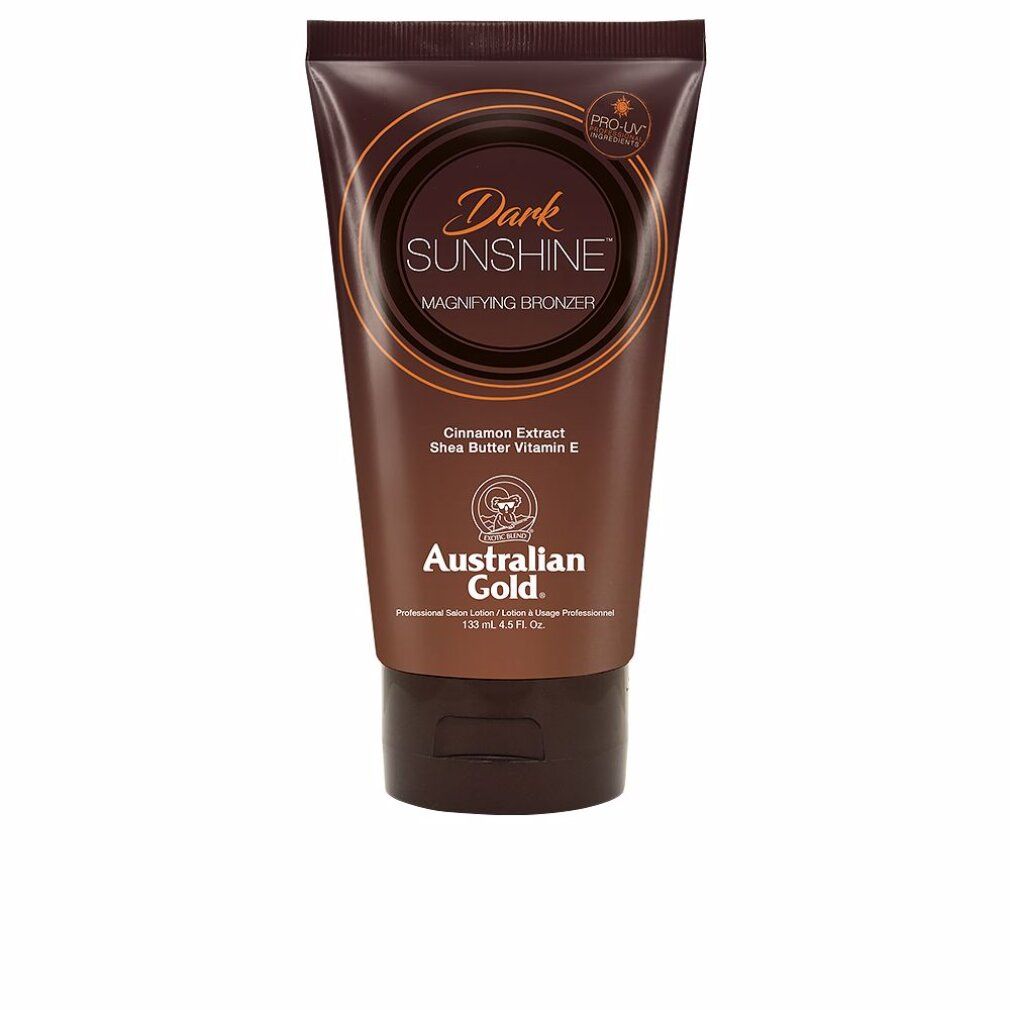 Braune Tube mit Aufschrift Dark Sunshine Magnifying Bronzer. Enthält Zimtextrakt, Sheabutter und Vitamin E. Marke: Australian Gold.