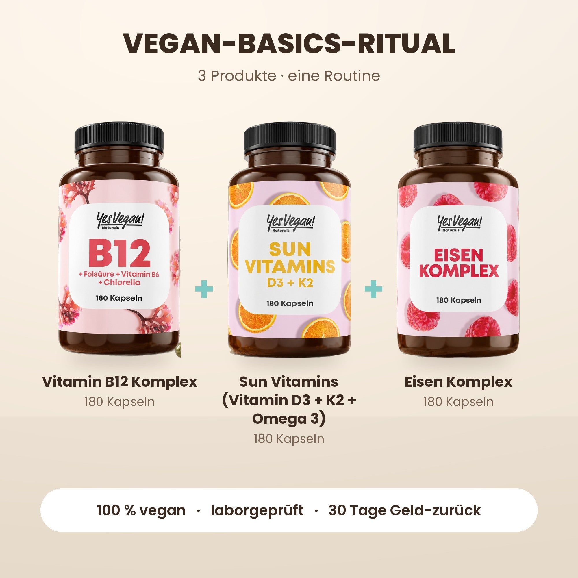 Drei Produkte: Sun Vitamins D3+K2 (180 Kapseln), Vitamin C (1000 mg, 365 Kapseln) und Ingwer Kurkuma Elixier (300g).