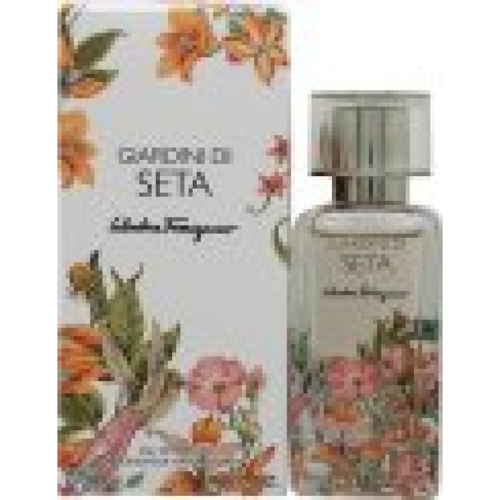 Salvatore Ferragamo Giardini di Seta Eau de Parfum Flakon und Verpackung mit floralem Design.