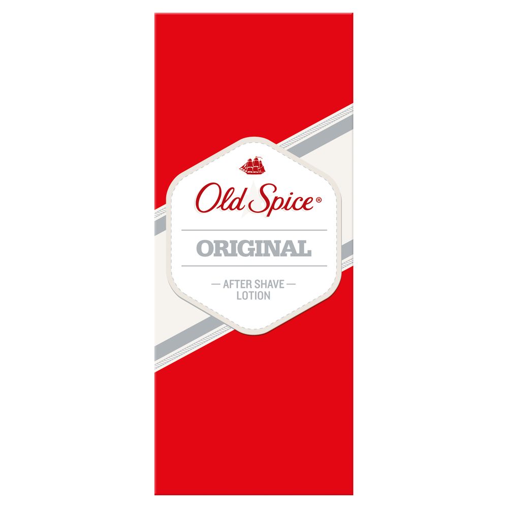 Rote Verpackung mit weißem Etikett. Aufschrift: Old Spice Original After Shave Lotion. Graue Akzente.