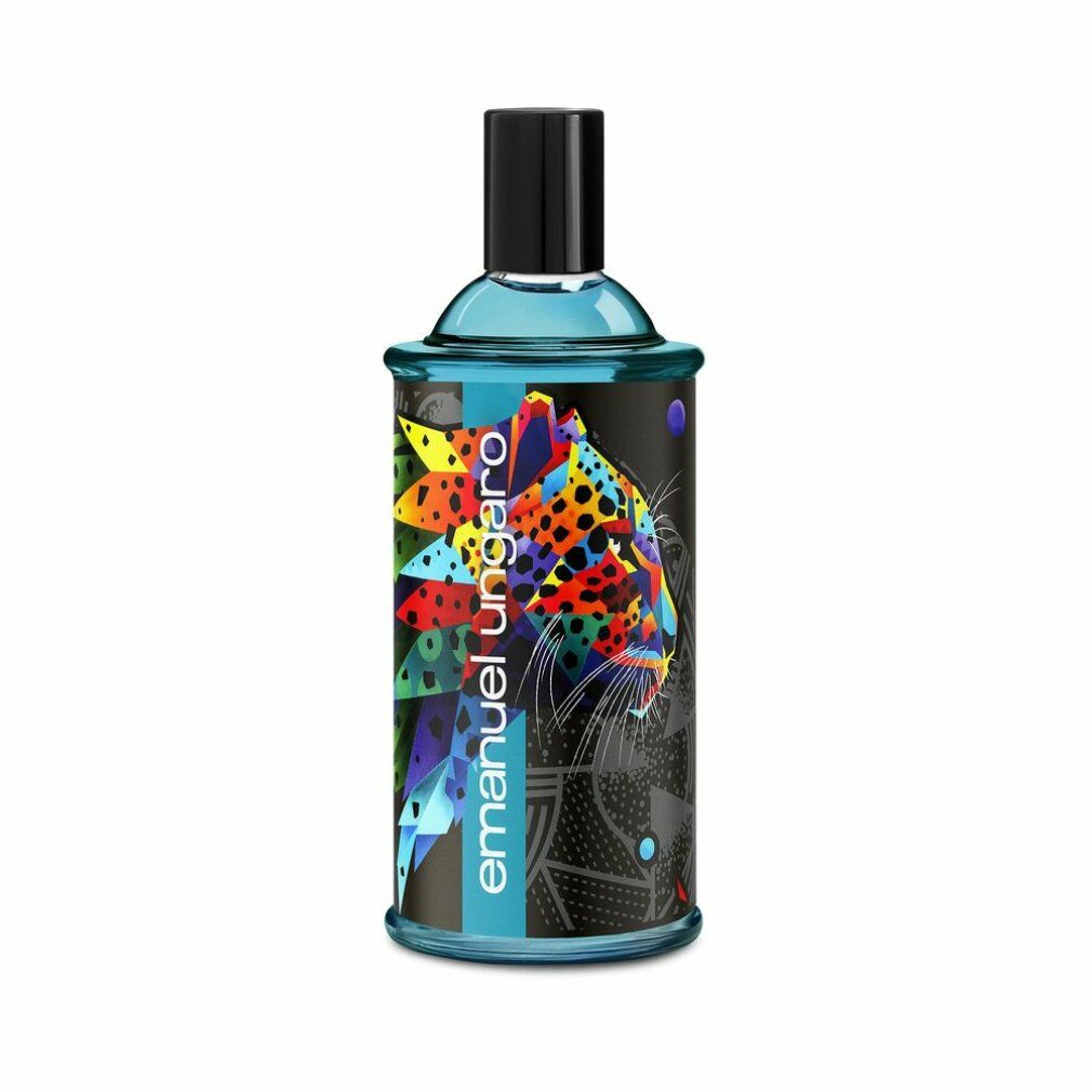 Parfümflasche mit blauem Inhalt und schwarzem Verschluss. Aufdruck: Emanuel Ungaro, Leopard-Design in bunten Farben.