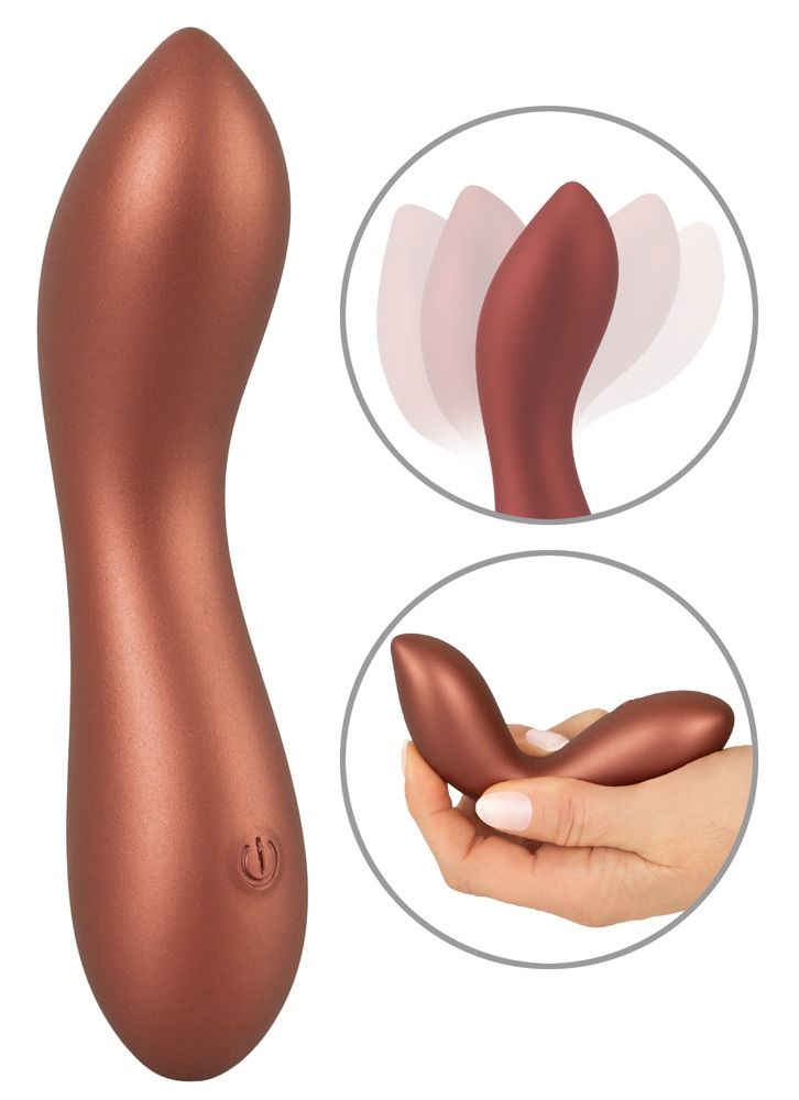 Kupferfarbener Minivibrator mit geschwungener Form. Inset: Produkt in Hand, Spitze bewegt sich.