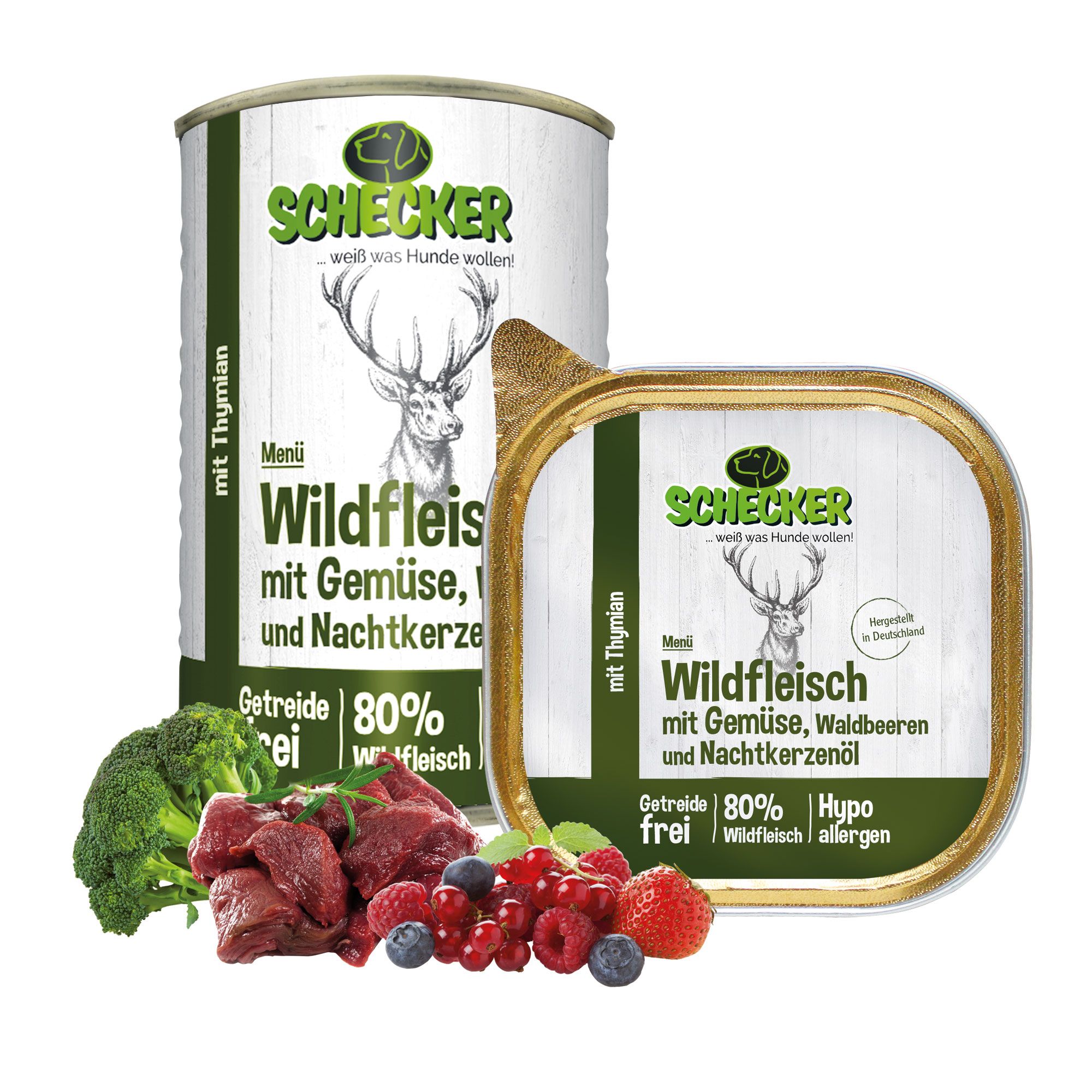 Schecker Hundemenü Wildfleisch mit Gemüse, Waldbeeren und Nachtkerzenöl. Dose und Schale. Zutaten: Wildfleisch, Gemüse, Beeren. Aufschrift: Getreide frei, 80% Wildfleisch.
