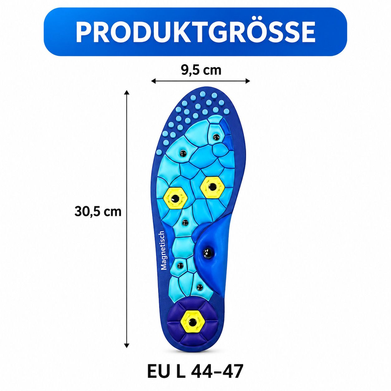 Blaue Einlegesohle mit Noppen, Magneten und Größenangabe (30,5 x 9,5 cm, EU L 44-47).