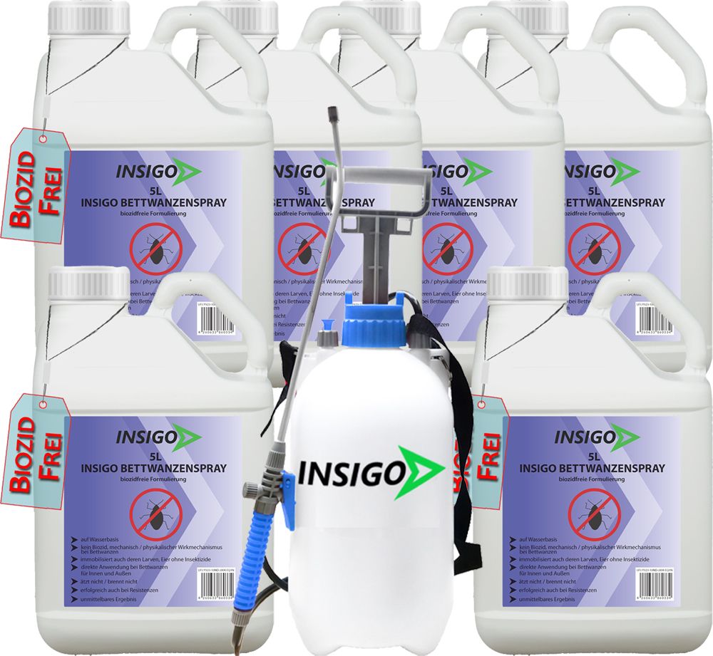 Mehrere weiße Kanister mit blauem Etikett und dem Logo INSIGO. Auf dem Etikett steht 'BIOZID FREI'. Eine Sprühvorrichtung.