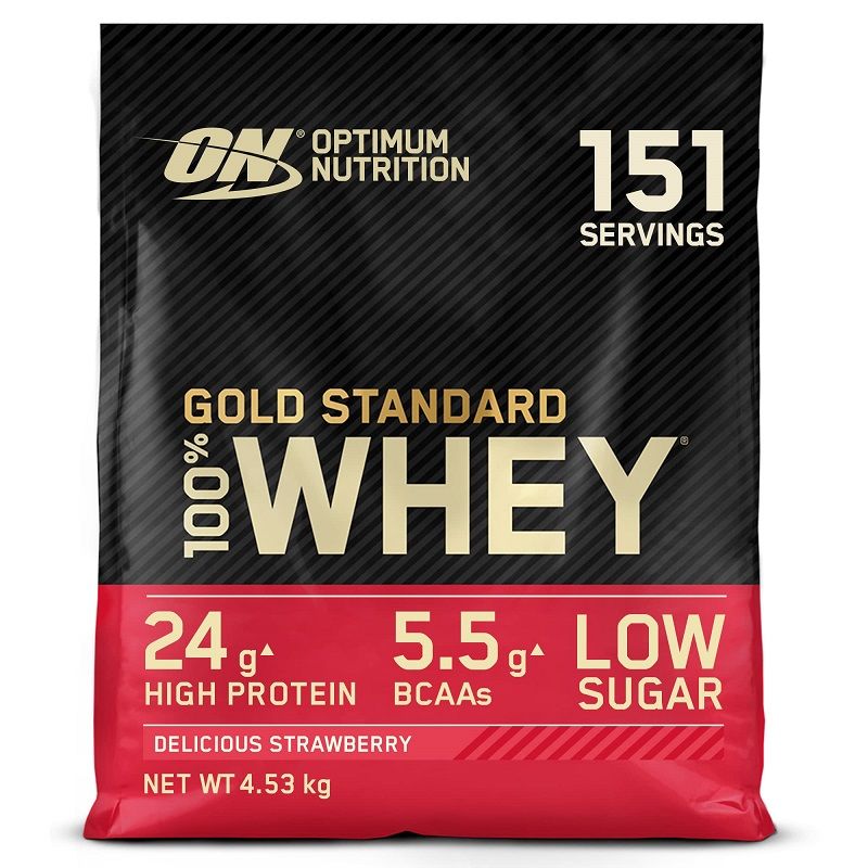 Schwarzer Beutel mit rotem Boden. Gold Standard 100% Whey. 151 Portionen. 24g Protein, 5.5g BCAAs, Low Sugar. Delicious Strawberry.