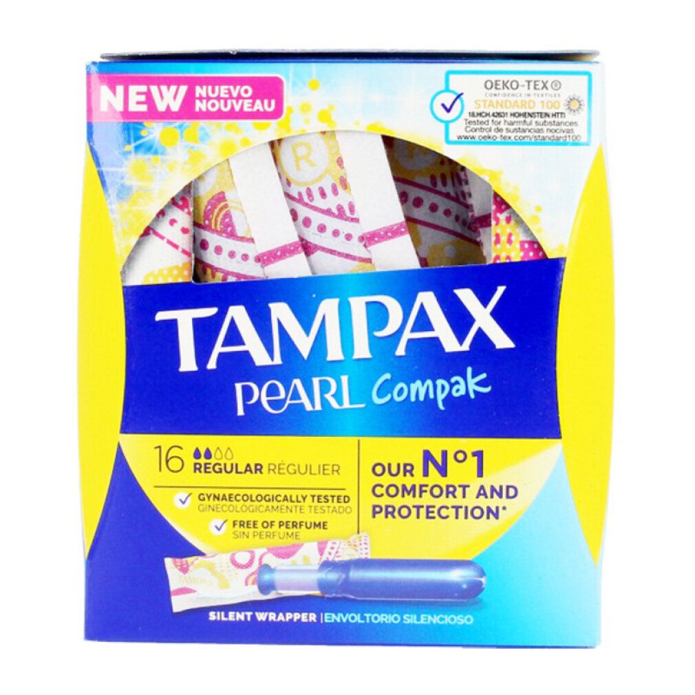 Verpackung von Tampax Pearl Compak Regular Tampons. Enthält 16 Stück. Mit Aufdrucken und dem Hinweis auf Komfort und Schutz.