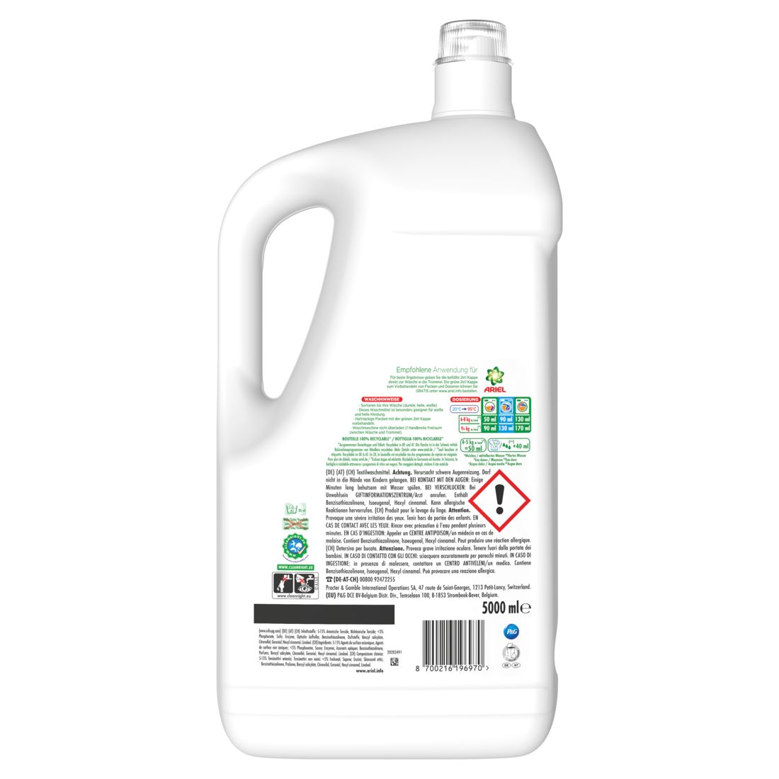Rückseite einer weißen Ariel Flüssig-Flasche. Mehrere Piktogramme und Text. Warnhinweis. Volumen: 5000 ml. Barcode.