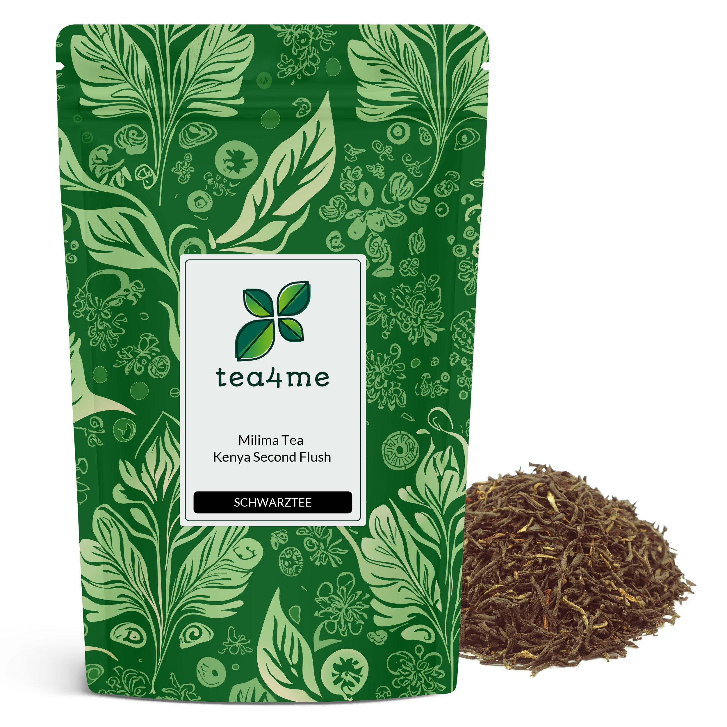 Grüne Verpackung mit floralem Muster und Produktinformationen. Daneben eine kleine Menge losen Schwarztees.