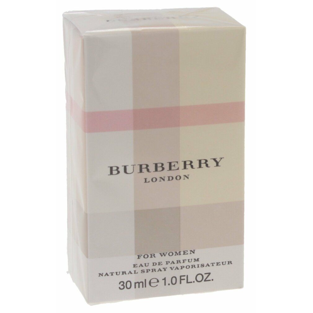 Burberry London for Her Eau de Parfum Spray in Verpackung. Beige-rosa Karomuster. Schriftzug: Burberry London, For Women.