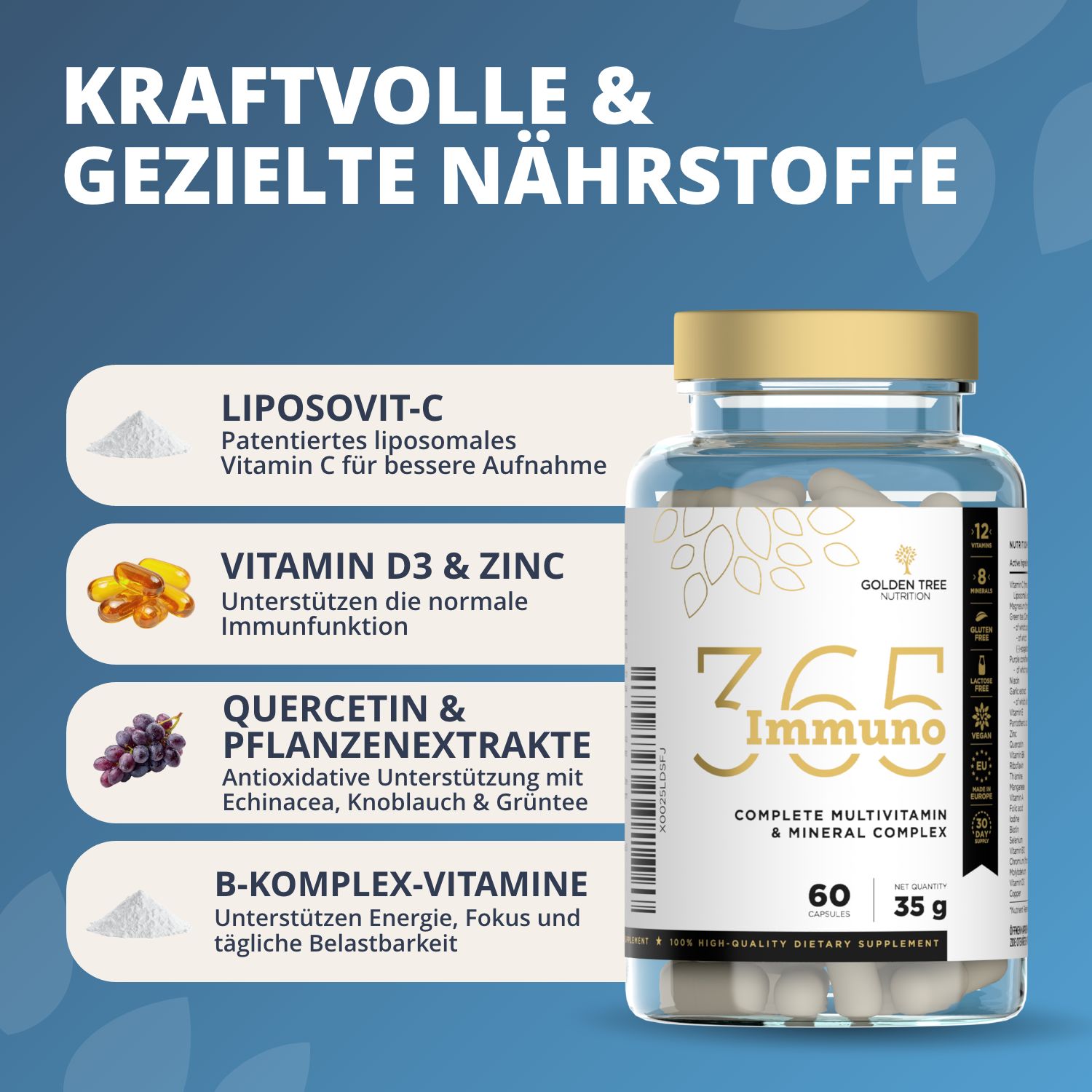 Flasche Immuno365 mit Liste von Nährstoffen: Liposomal-C, Vitamin D3 & Zink, Quercetin, B-Vitamine.