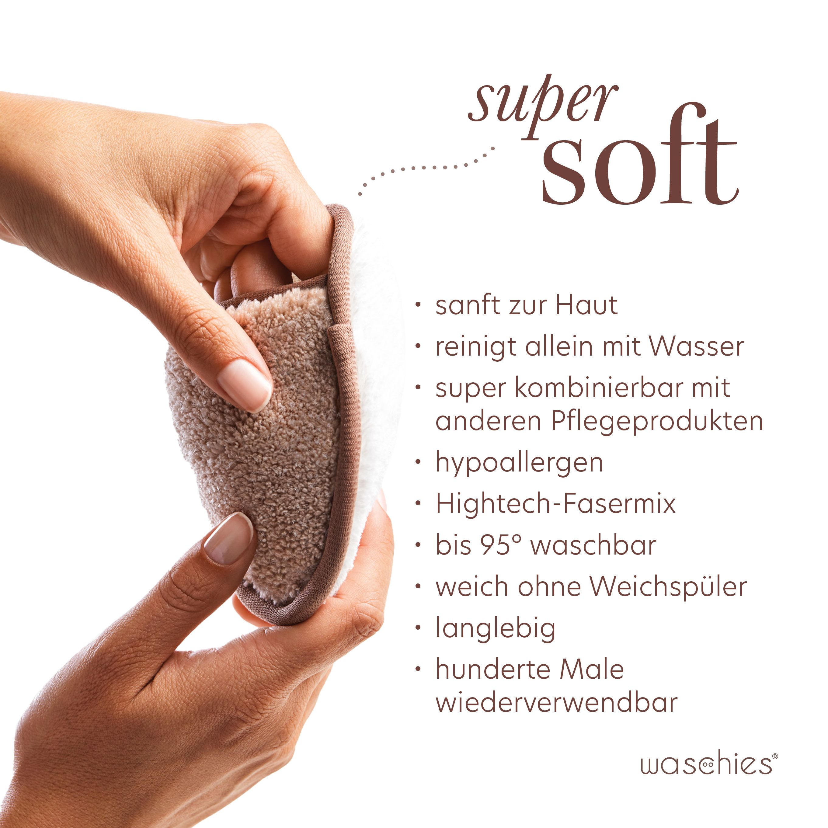 Hände halten ein Abschminkpad. Text: "super soft", Auflistung von Eigenschaften, Logo "waschies".