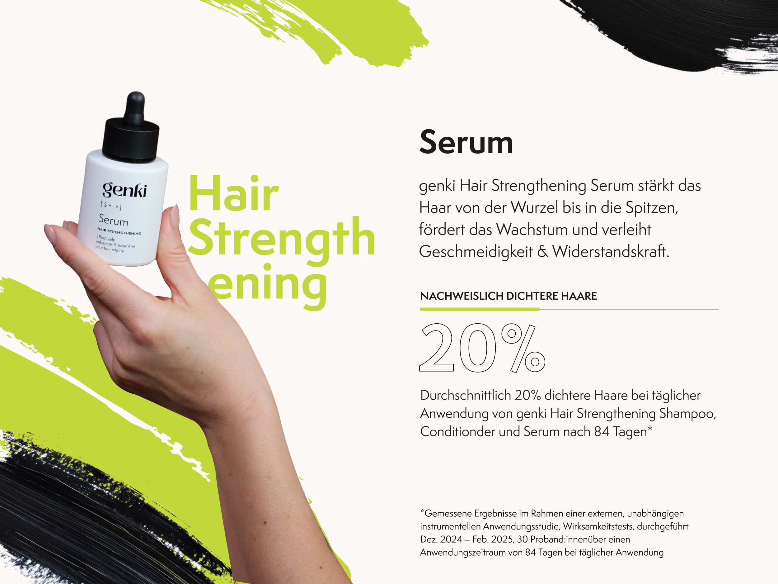 Werbetafel mit Genki Serum. Hand hält Flasche. Text: Hair Strengthening, 20% dichtere Haare nach 84 Tagen.