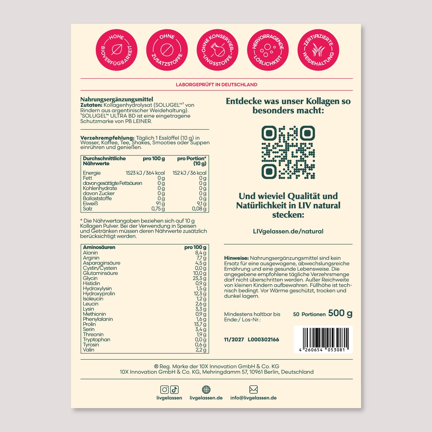 Rückseite der Verpackung. Nährwertangaben, Aminosäuren, QR-Code. 50 Portionen, 500g.