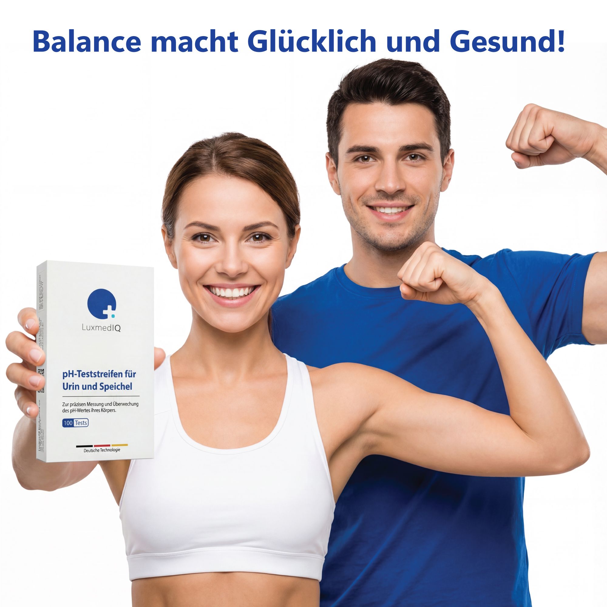 Paar hält Schachtel mit pH-Teststreifen. LuxmedIQ Logo. Balance macht glücklich und gesund!