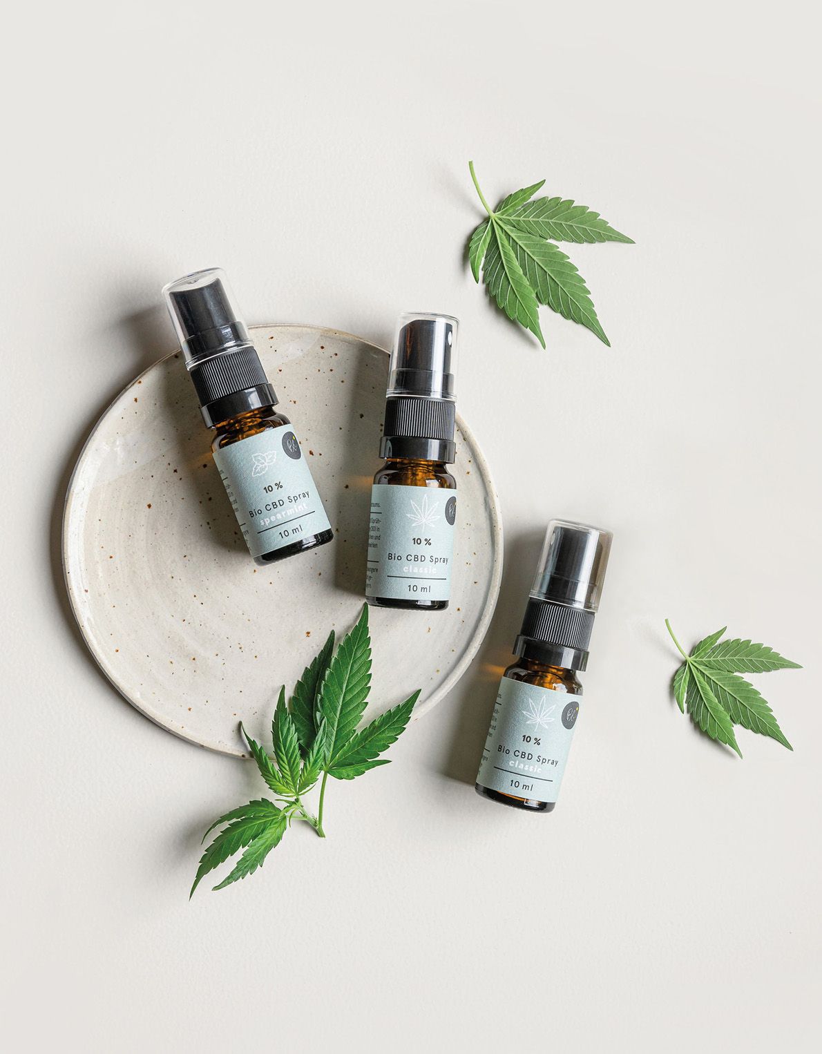 Drei Sprühflaschen auf einem Teller mit Hanfblättern. Aufschrift: 10% Bio CBD Spray.