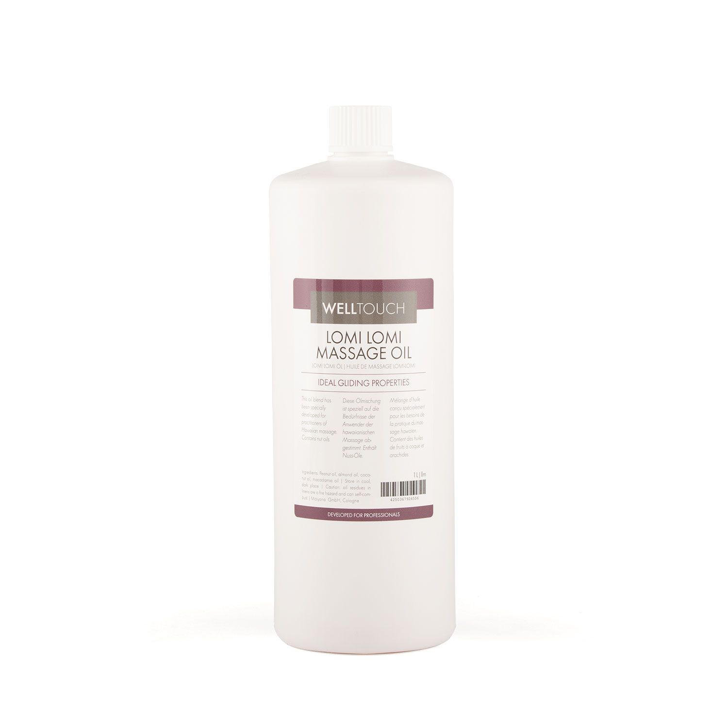 Weiße Flasche mit Etikett. Auf dem Etikett steht "WELLTOUCH LOMI LOMI MASSAGE OIL".