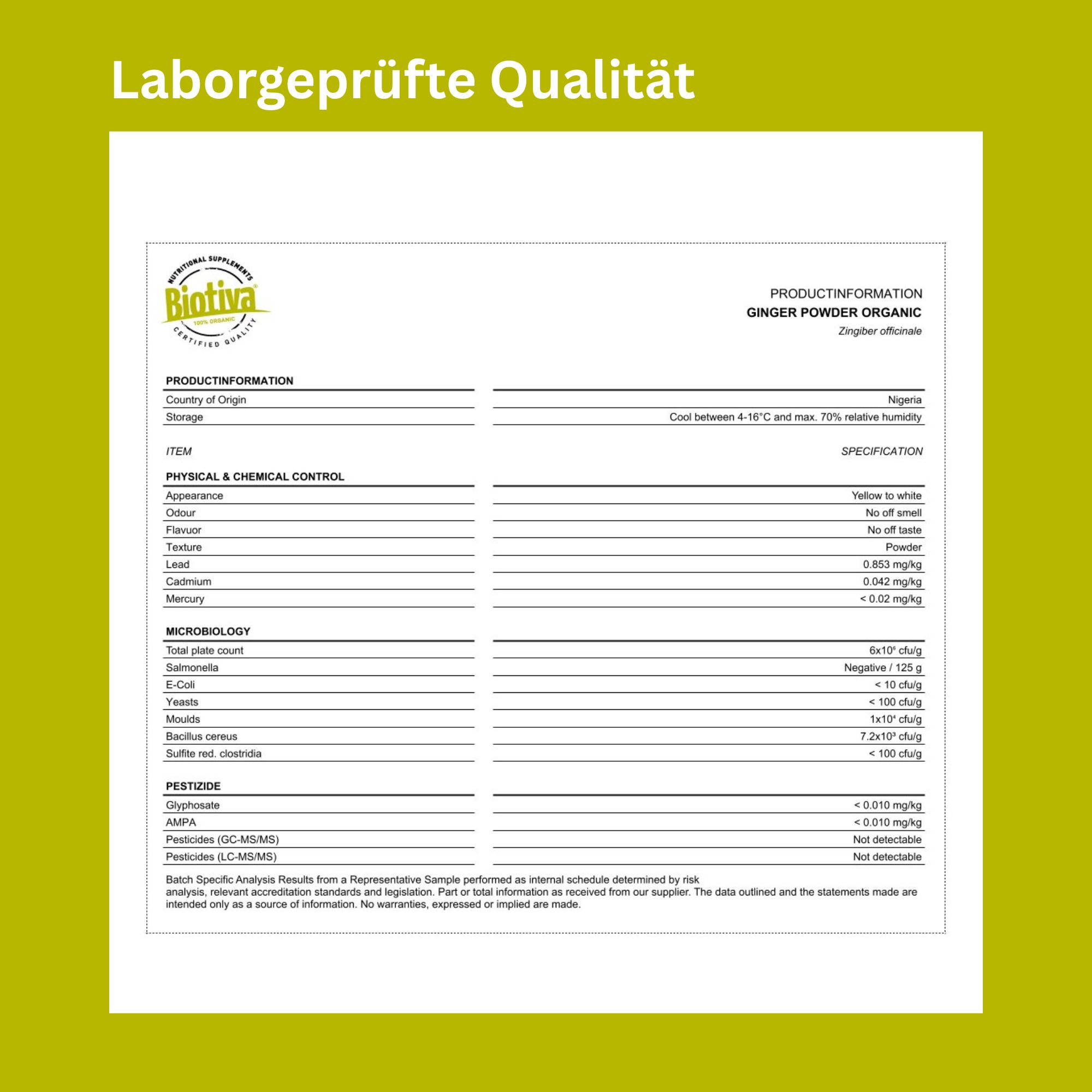 Laborbericht mit Produktinformationen: Ginger Powder Organic. Text: Biotiva, Herkunft Nigeria, Spezifikationen, Pestizide, Schwermetalle.