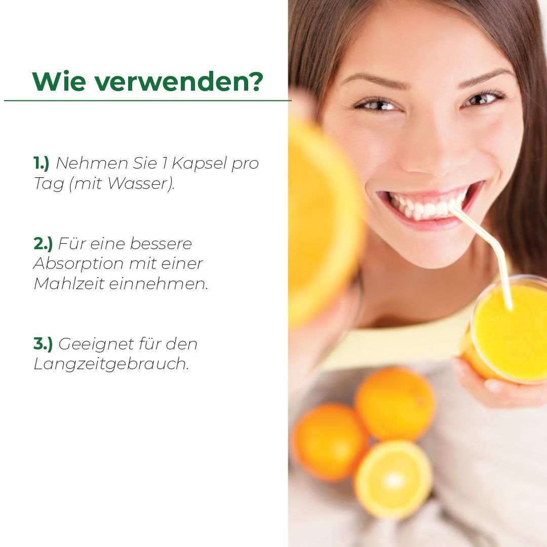 Frau trinkt Orangensaft mit Strohhalm. Orangen auf dem Tisch. Text: Wie verwenden? 1 Kapsel pro Tag.