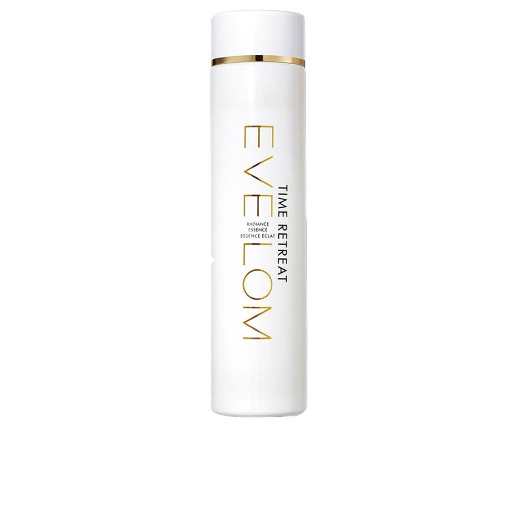 Weiße Flasche mit goldfarbenem Schriftzug: EVE LOM, TIME RETREAT, RADIANCE ESSENCE ÉCLAT. Goldener Ring am Deckel.