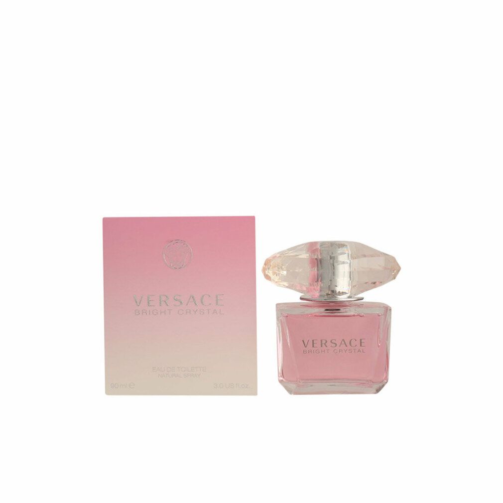 Rosa Flakon mit Kristallverschluss und Verpackung. Aufschrift: Versace Bright Crystal.