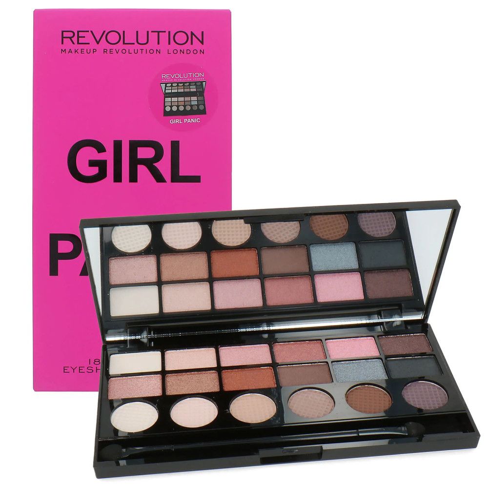 Girl Panic Lidschattenpalette. Geöffnete Palette mit Spiegel und 28 Farben. Pinke Verpackung. Marke: Makeup Revolution.