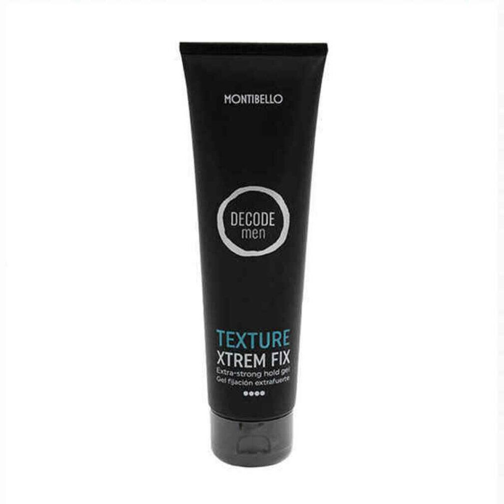 Schwarze Tube mit weißem und blauem Text. Oben steht MONTIBELLO. In einem Kreis steht DECODE MEN. Darunter TEXTURE XTREM FIX.