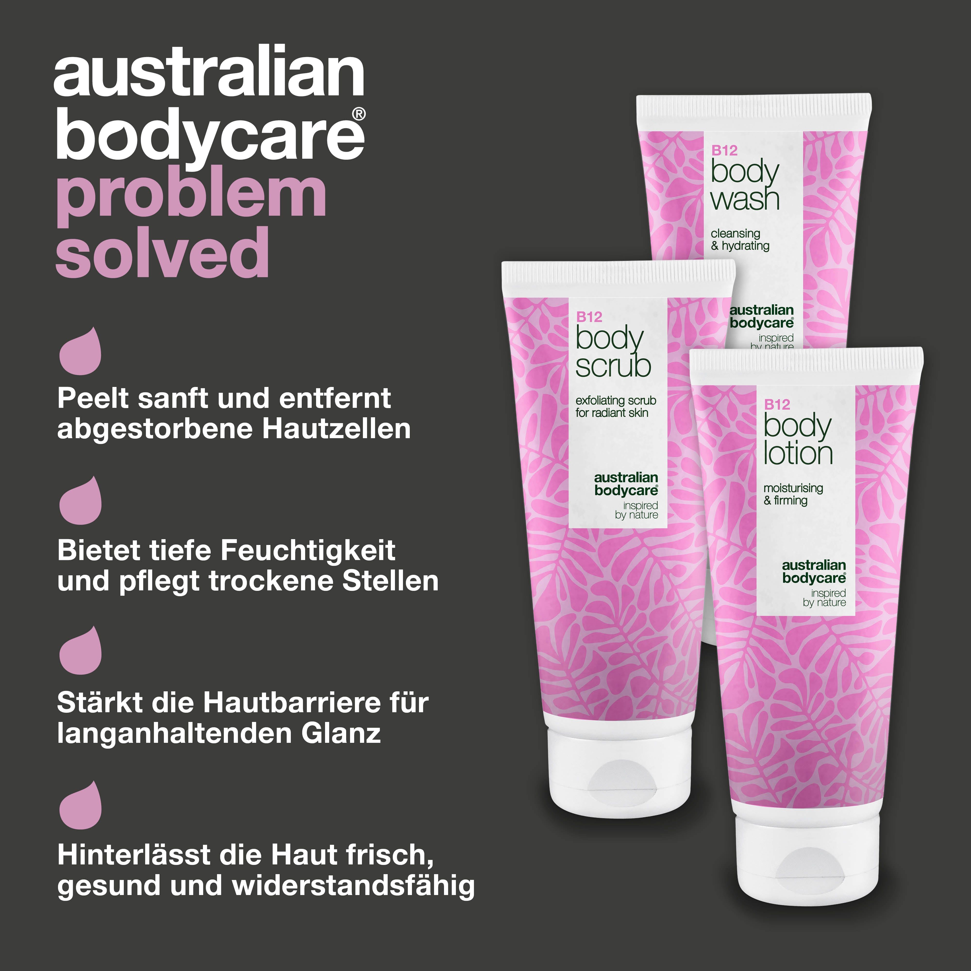 B12 Body Wash, Scrub, Lotion Tuben. Rosa Design, weißer Deckel. Text: Australian Bodycare, Problem gelöst. Rosa Tropfen.