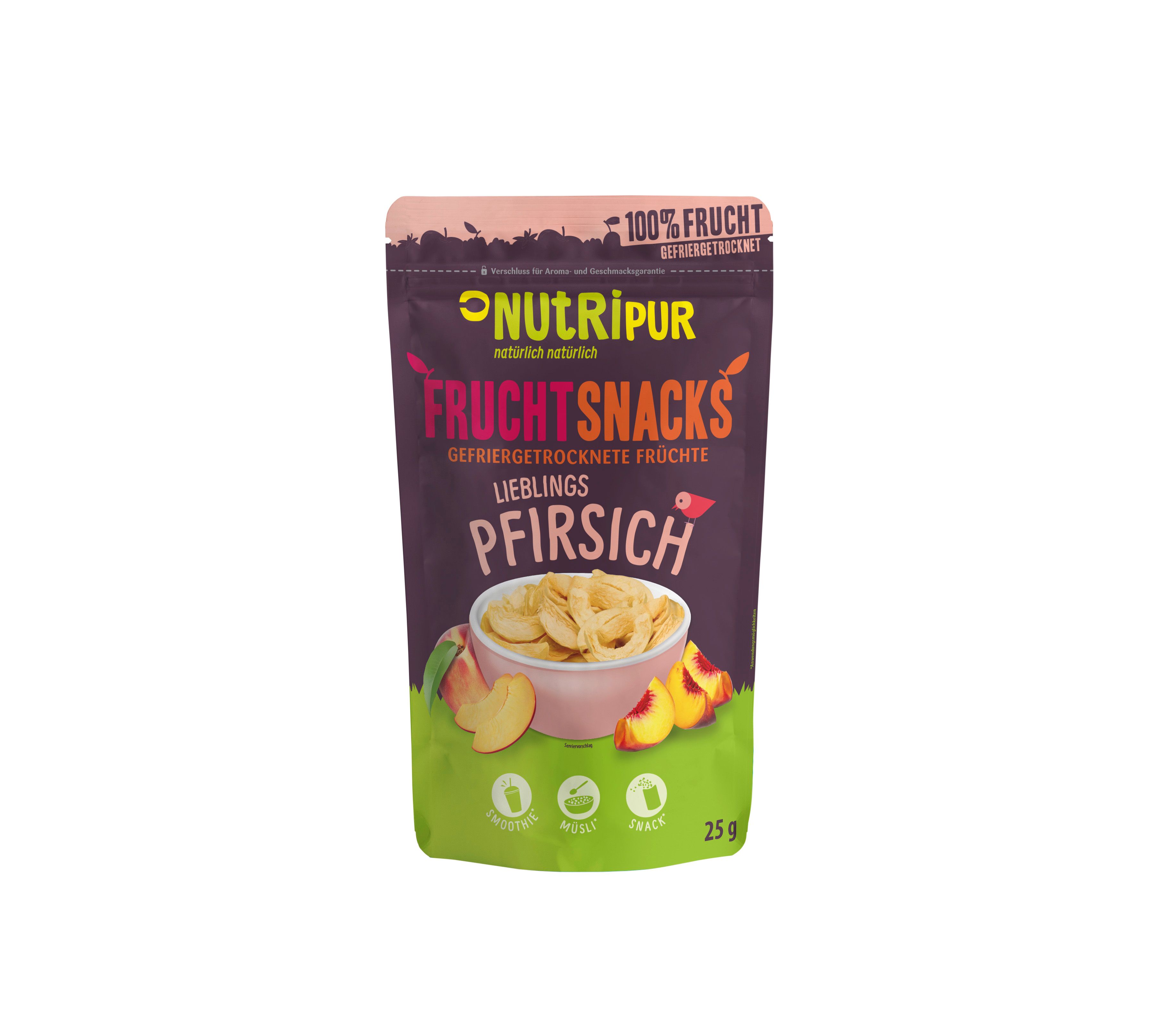 Verpackung mit gefriergetrockneten Pfirsich-Fruchtsnacks. Aufschrift: NutriPur, Frucht Snacks, Pfirsich. 25g.