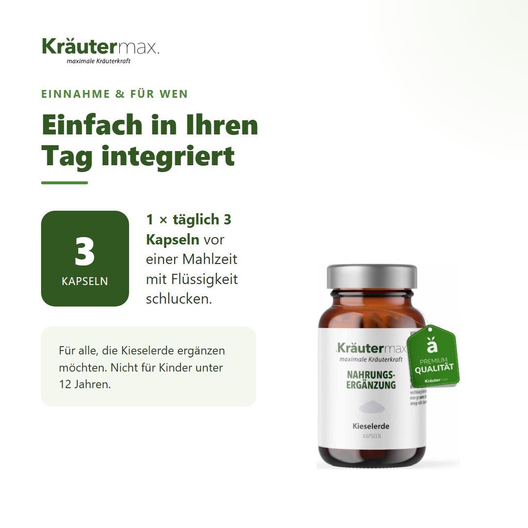 Anleitung zur Einnahme von 3 Kräutermax Kieselerde Kapseln täglich, mit Flasche und Siegel.