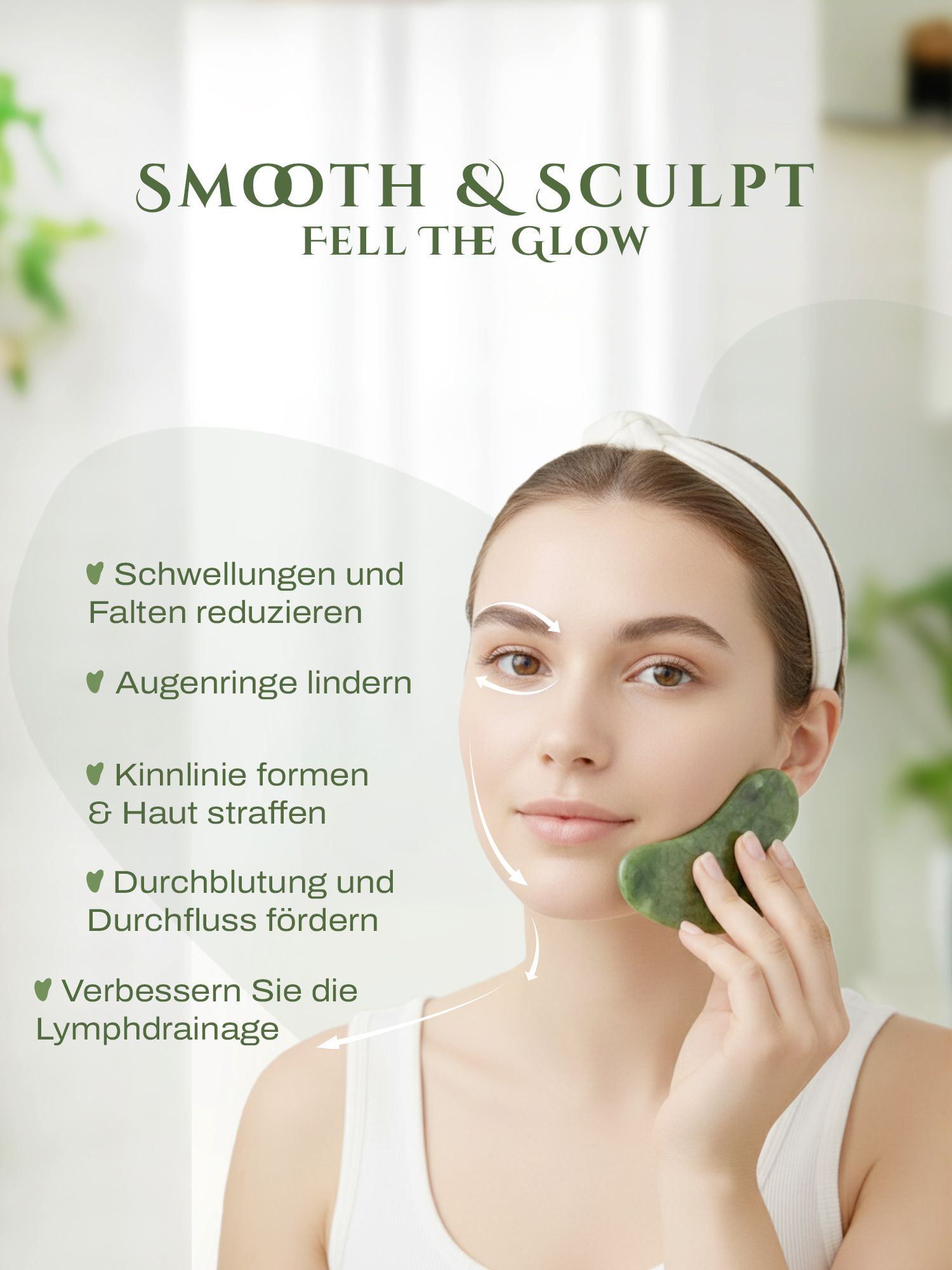 Frau mit Gua Sha Stein. Text: Schwellungen reduzieren, Augenringe lindern, Kinnlinie formen, Durchblutung fördern, Lymphdrainage verbessern.