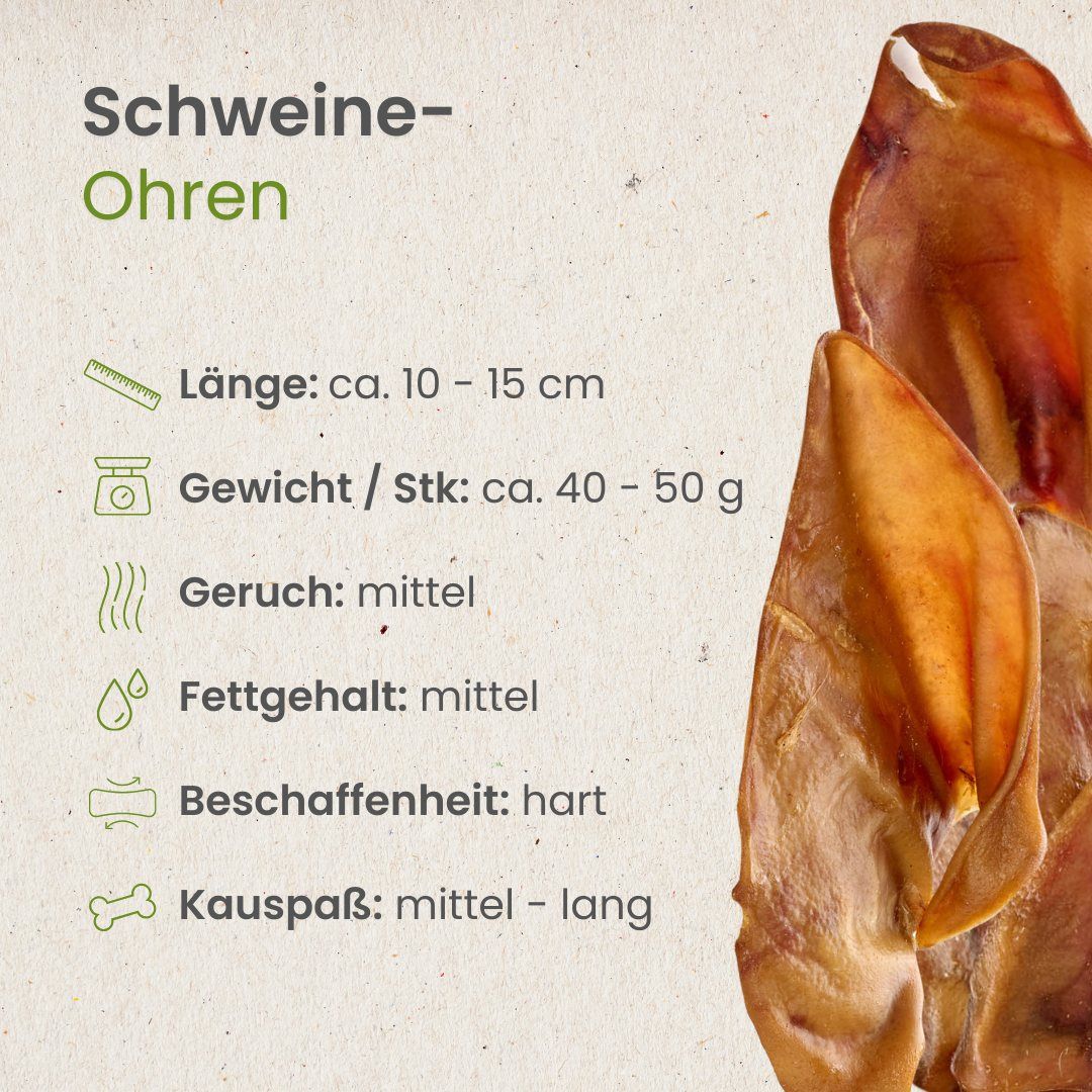 Getrocknete Schweineohren mit Informationen zu Größe und Beschaffenheit.