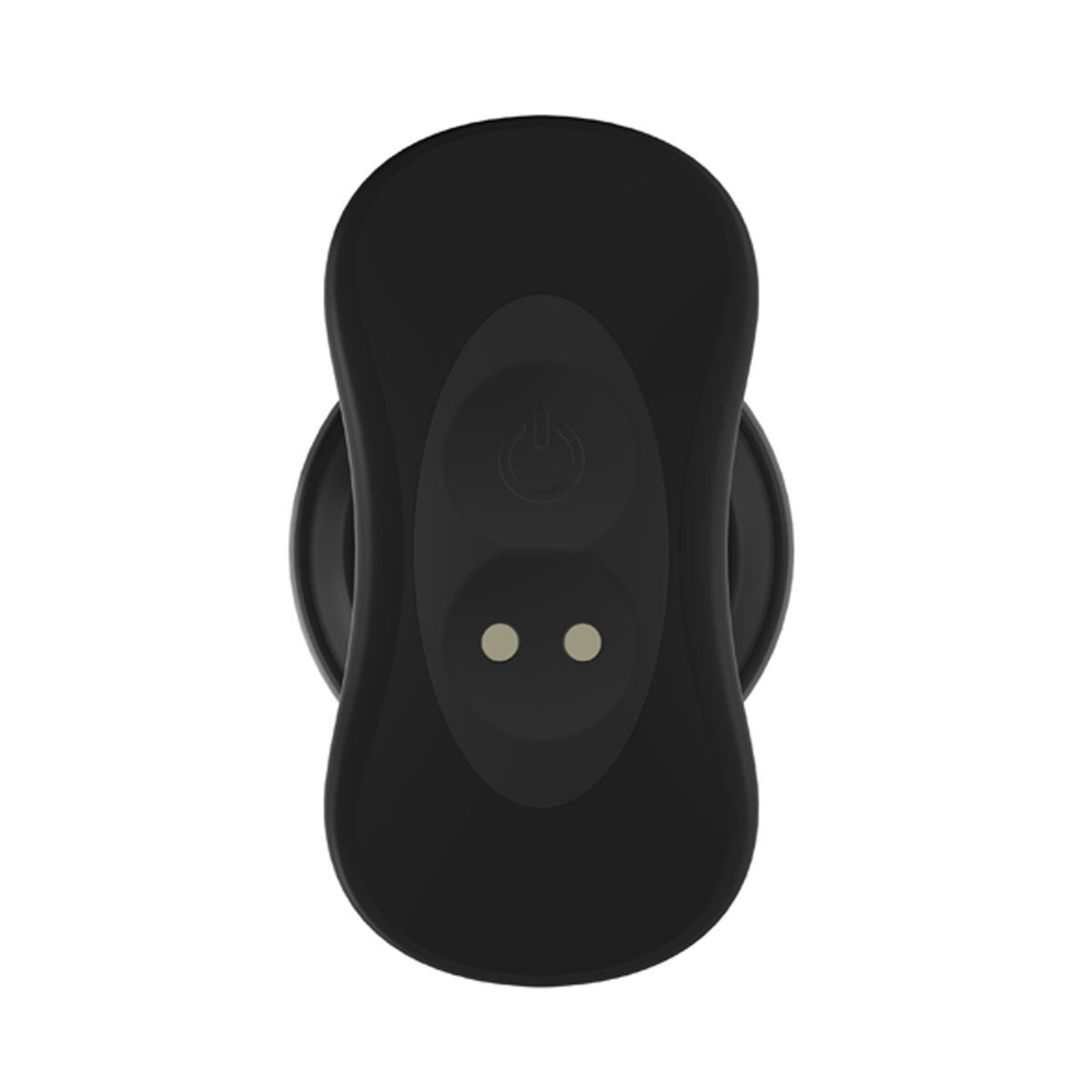 Draufsicht auf eine schwarze Fernbedienung. Zwei Knöpfe und zwei kleine Punkte sind sichtbar. Ein Power-Knopf ist ebenfalls vorhanden.