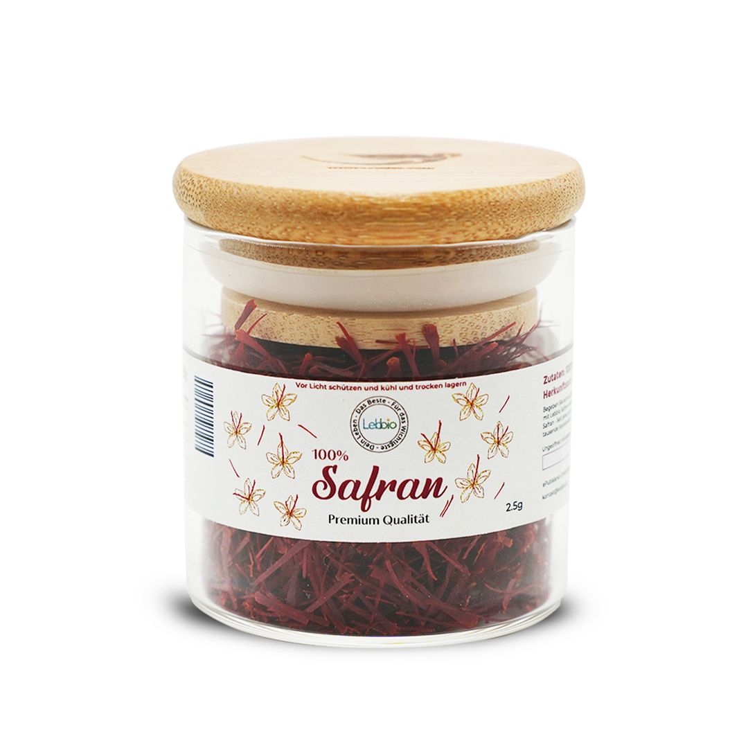 Glas mit Safran und Holzdeckel. Auf dem Etikett steht "Lebbio Safran".