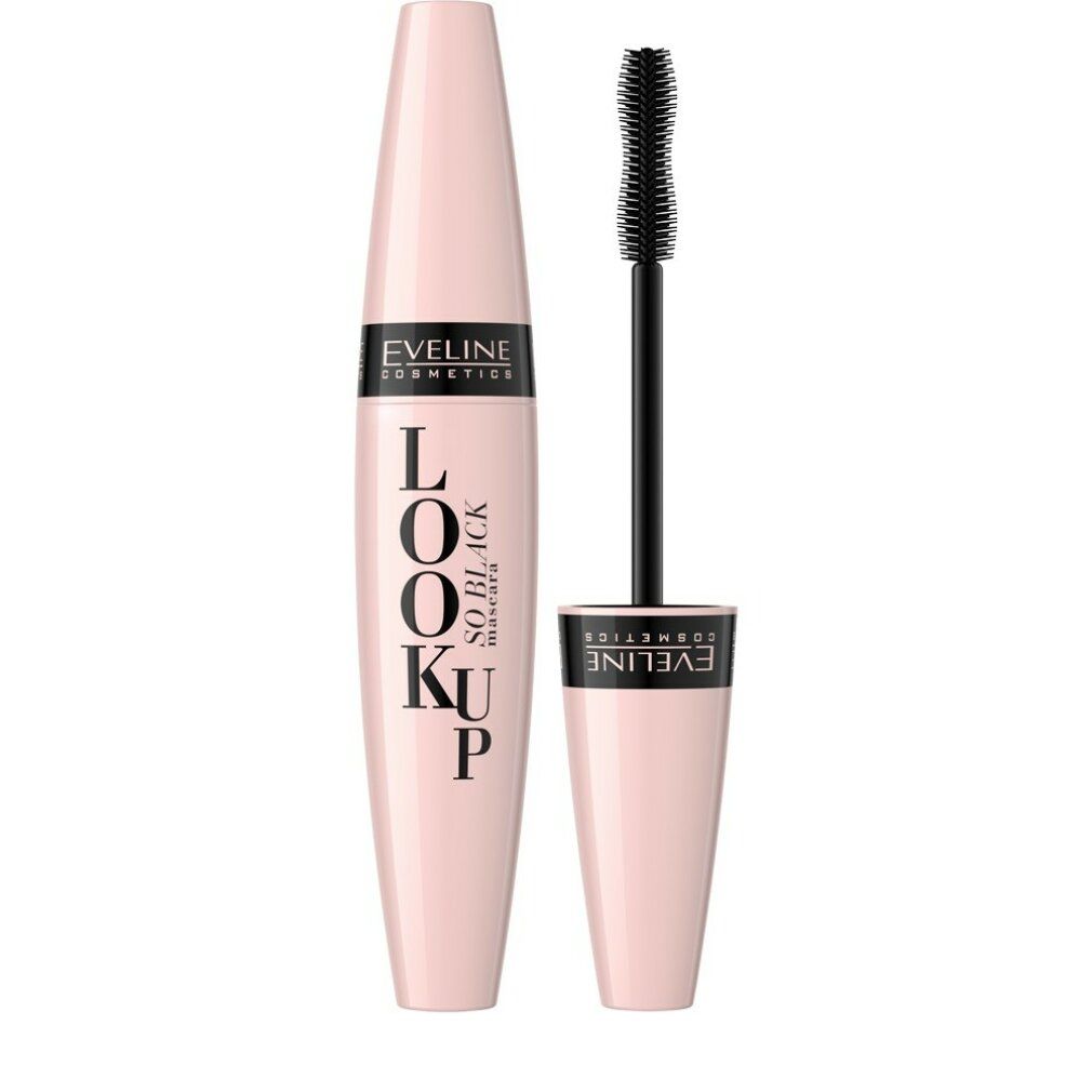 Eveline Cosmetics Mascara. Rosa-farbene Hülle mit schwarzem Schriftzug. Bürste mit schwarzen Borsten.