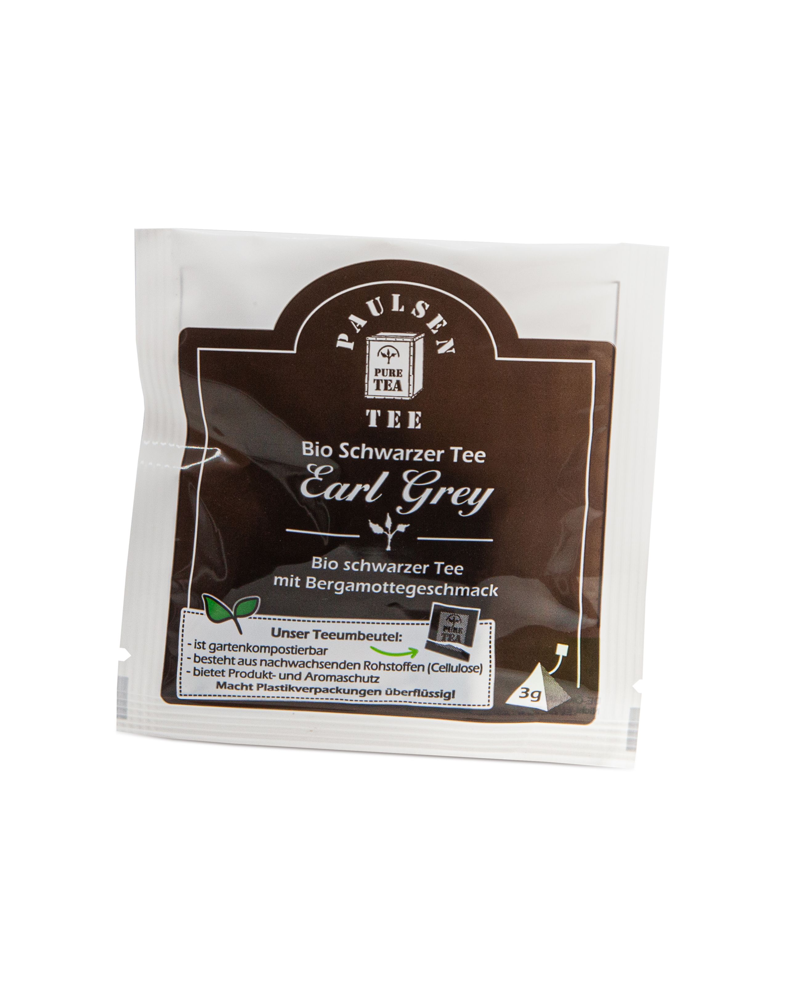 Einzelverpackung Schwarzer Tee Earl Grey. Pyramidenbeutel mit Bergamottegeschmack. Paulsen Tee Logo.