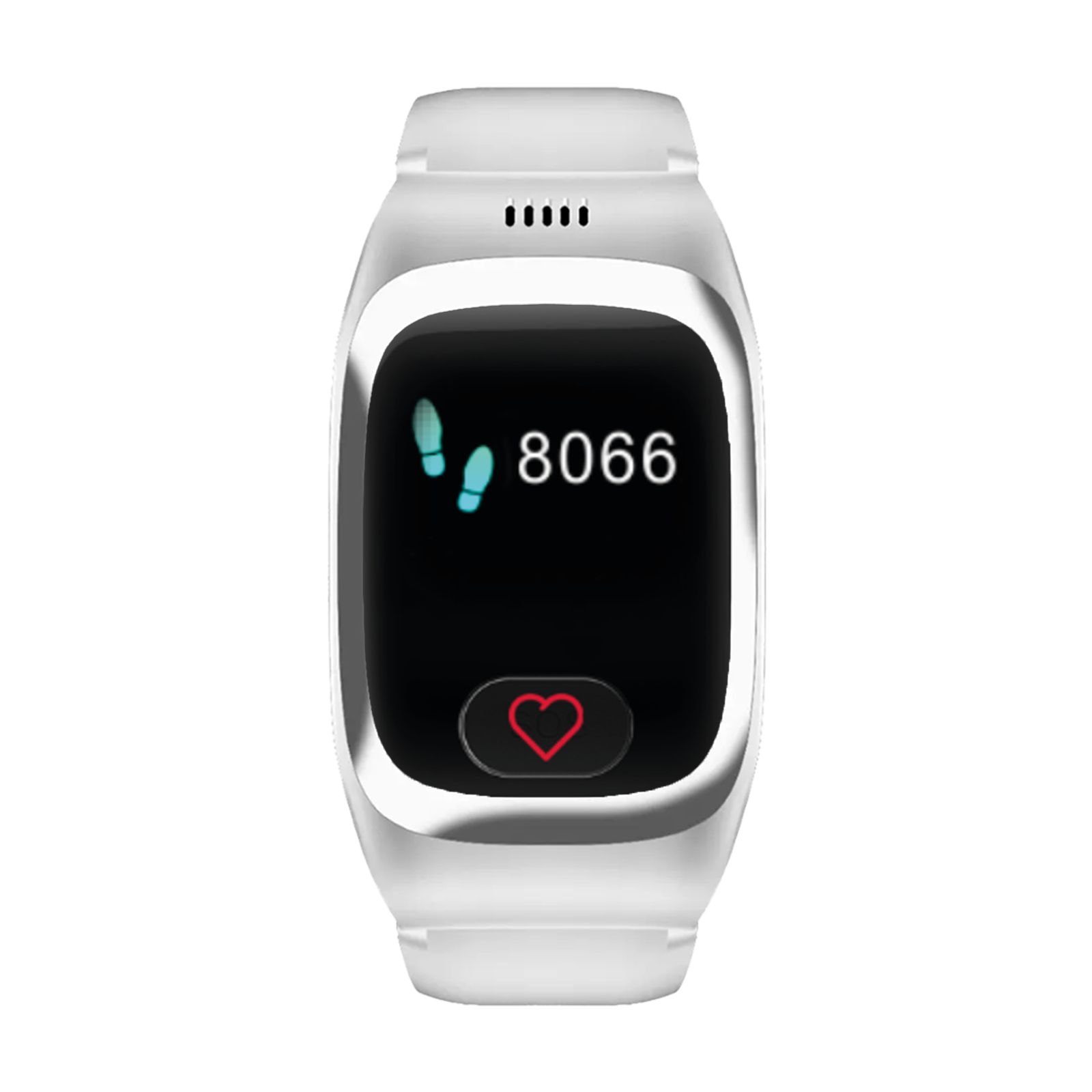 Weiße Smartwatch mit Schrittzähleranzeige 8066 und Herzsymbol.