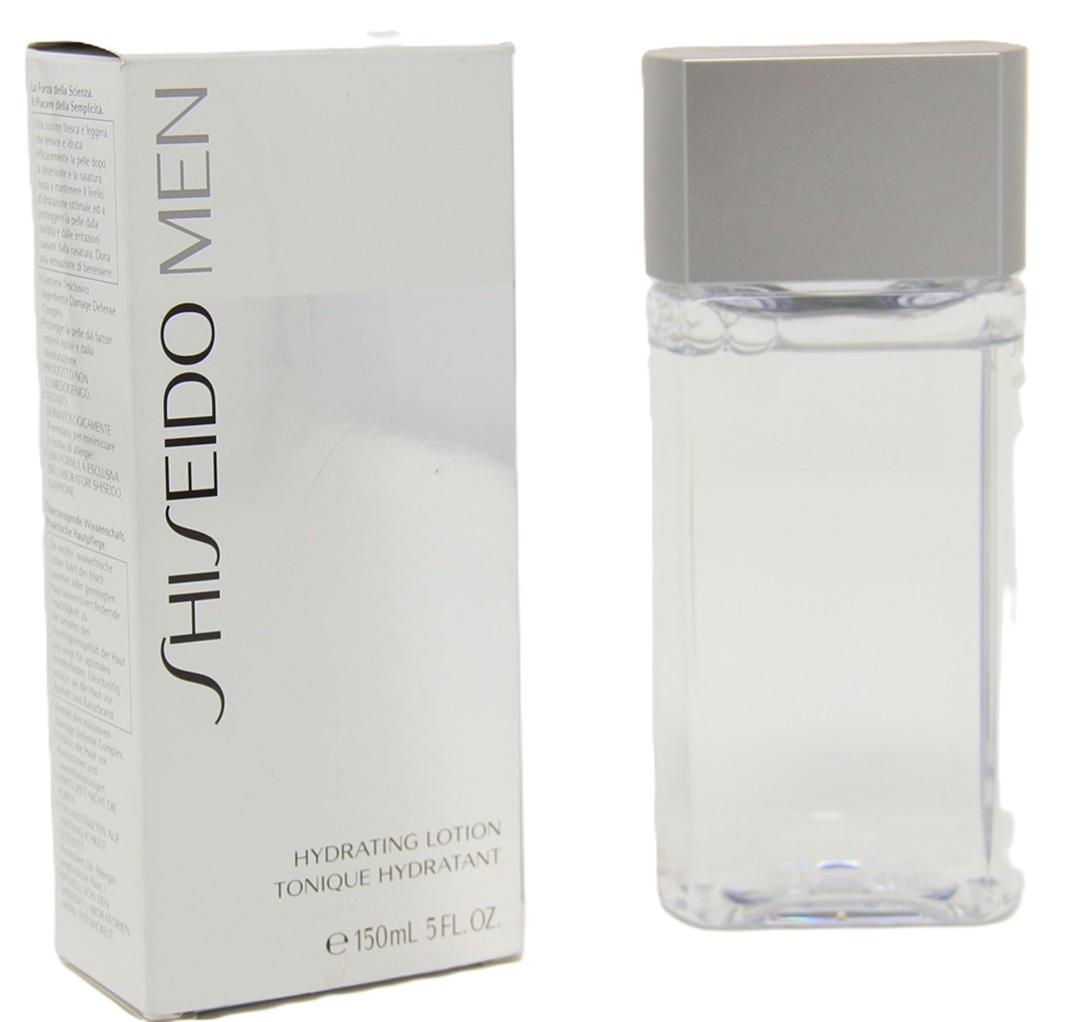 Weiße Schachtel und transparente Flasche. Auf der Schachtel steht „SHISEIDO MEN Hydrating Lotion“. Flasche mit grauem Deckel.