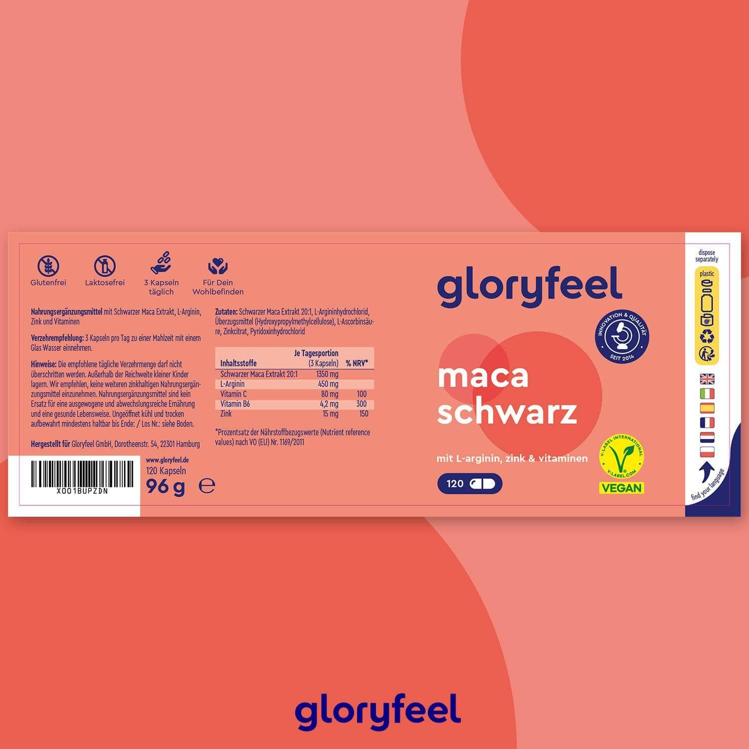 gloryfeel® Schwarzer Maca Extrakt + L-Arginin, Vitamin B6, B12 & Zink